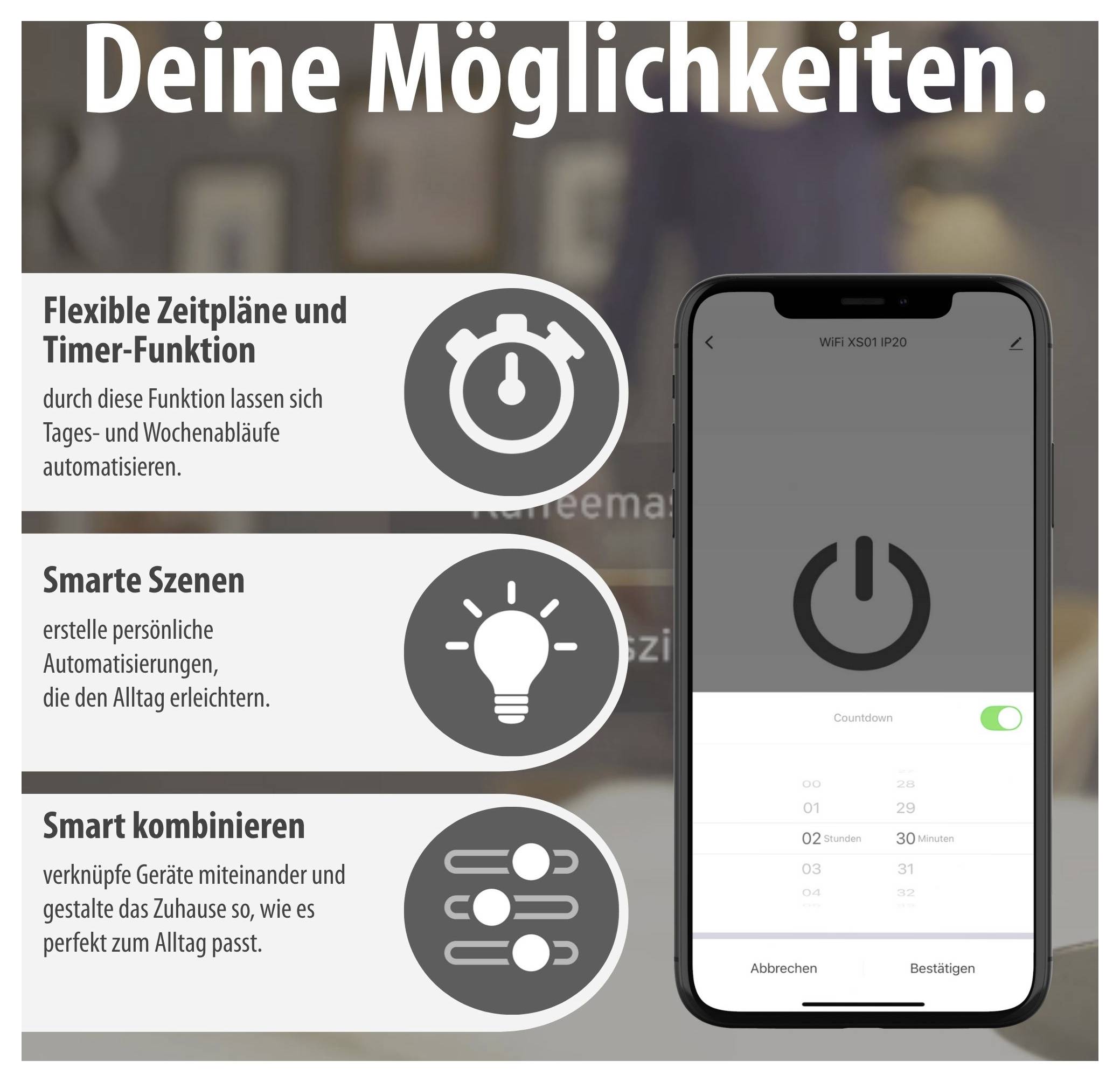 Werbegrafik für Smart-Home-Steuerung: 'Deine Möglichkeiten' mit Smartphone-App, Timer, Szenen und Geräteverknüpfung.