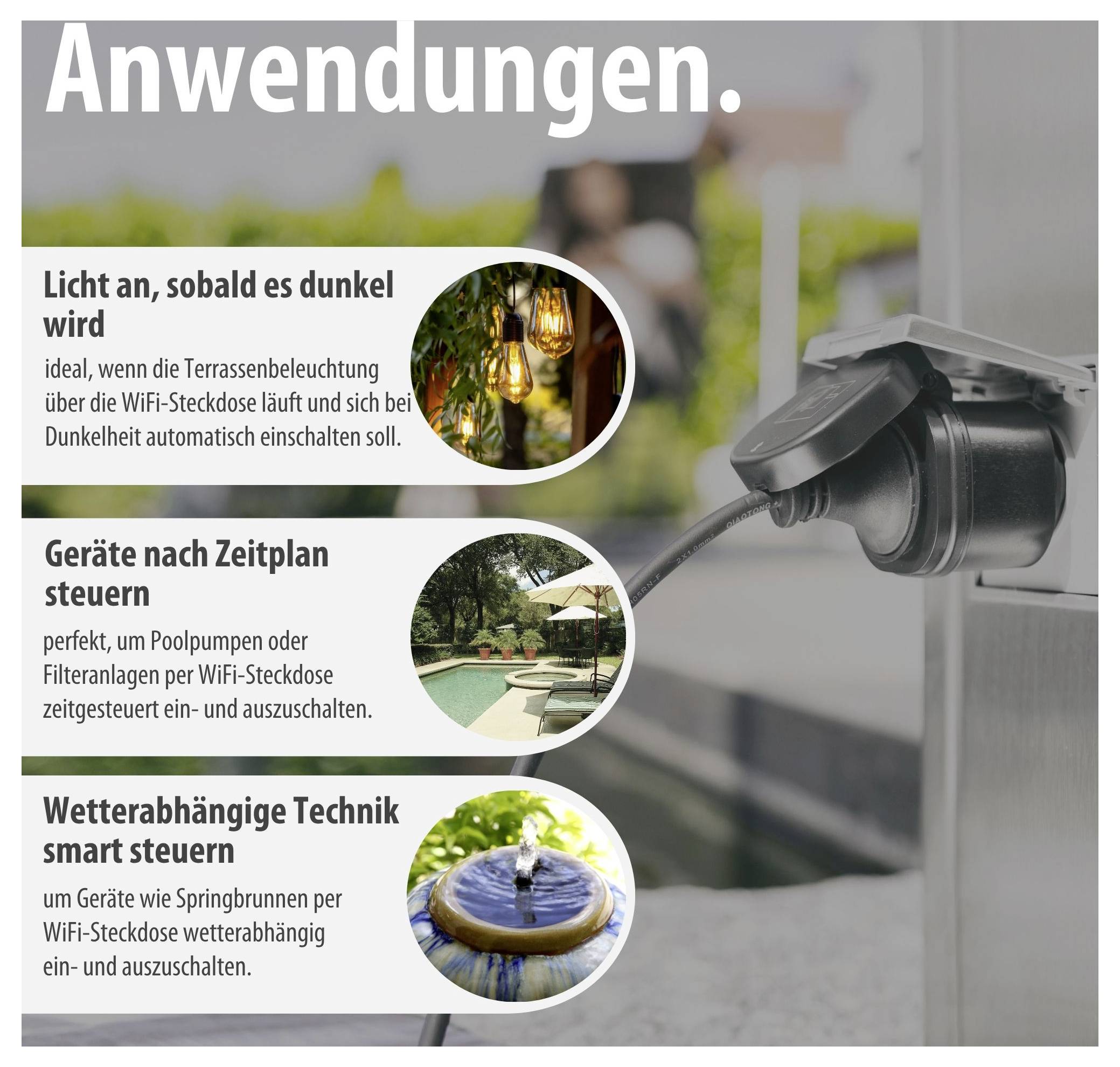 Infografik 'Anwendungen' zu einer WiFi-Steckdose: Licht bei Dunkelheit, Geräte zeitgesteuert und wetterabhängig schalten.