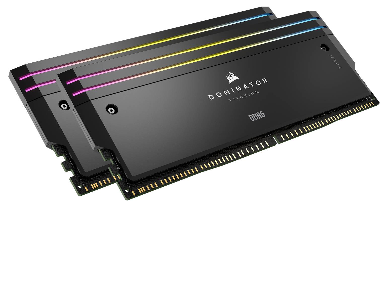 Zwei schwarze DDR5-RAM-Riegel mit RGB-Beleuchtung und 'DOMINATOR PLATINUM'-Branding, die fortschrittliche Computer-Arbeitsspeicher-Hardware hervorheben.