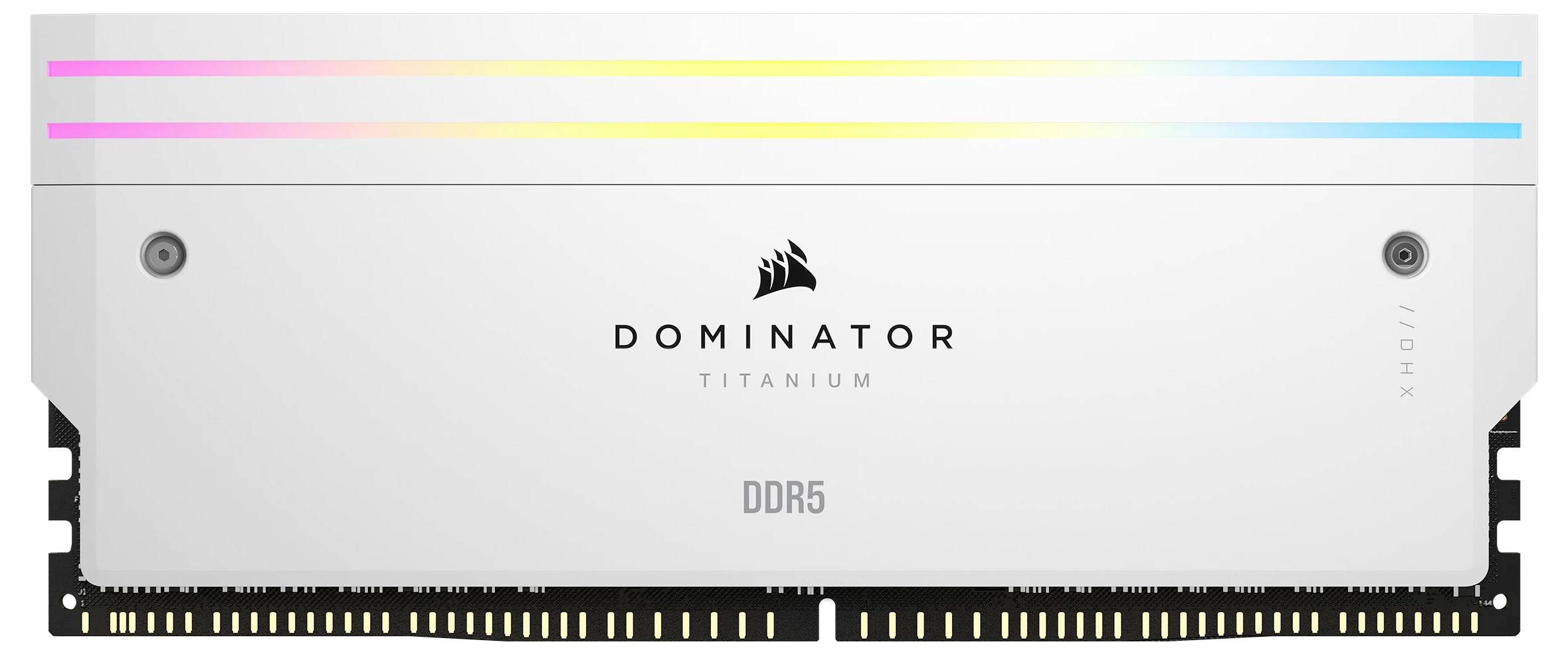 DDR5-Arbeitsspeichermodul 'Dominator Titanium' mit weißem Gehäuse und mehrfarbigem LED-Lichtstreifen entlang der Oberkante.