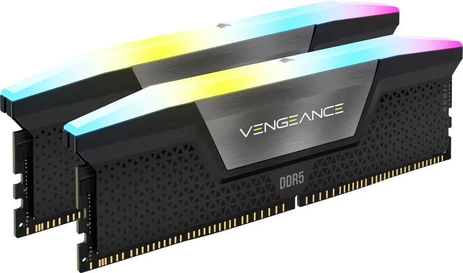 Zwei Corsair Vengeance DDR5 RAM-Riegel mit RGB-Beleuchtung, die ein schlankes Design in Schwarz und Metallic aufweisen.
