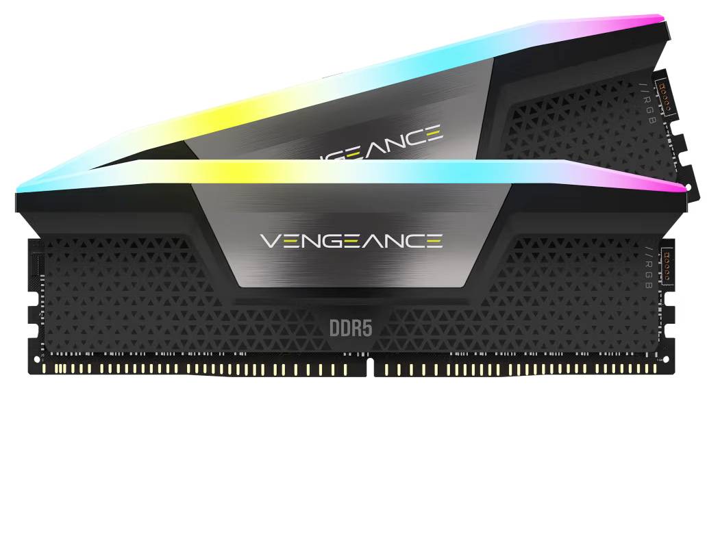 RAM-Riegel mit der Bezeichnung 'Vengeance DDR5' mit RGB-Beleuchtungsleisten, die ein schlankes Design für High-Performance-Computing präsentieren.