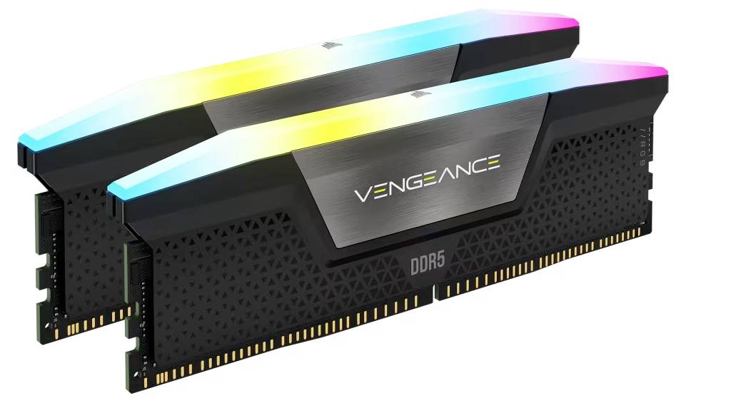 Zwei Riegel Vengeance DDR5 RAM mit elegantem Design und anpassbarer RGB-Beleuchtung sind nebeneinander angeordnet.