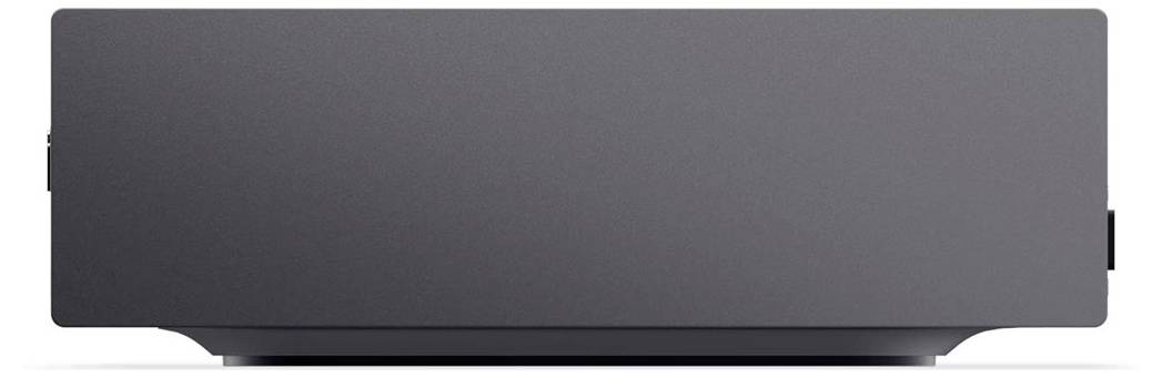 Ein schwarzes rechteckiges elektronisches Gerät mit minimalistischem Design, höchstwahrscheinlich ein Computer oder eine Konsole, von der Frontansicht aus gesehen.