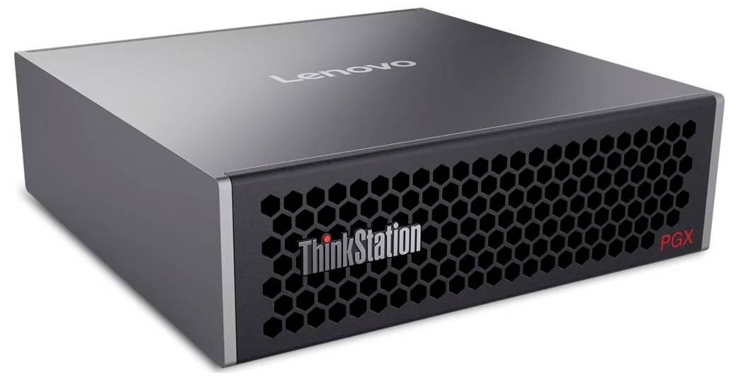 Lenovo ThinkStation PGX Computer mit elegantem schwarzem Design, versehen mit einem Frontgitter im Wabenmuster und Branding auf Ober- und Vorderseite.