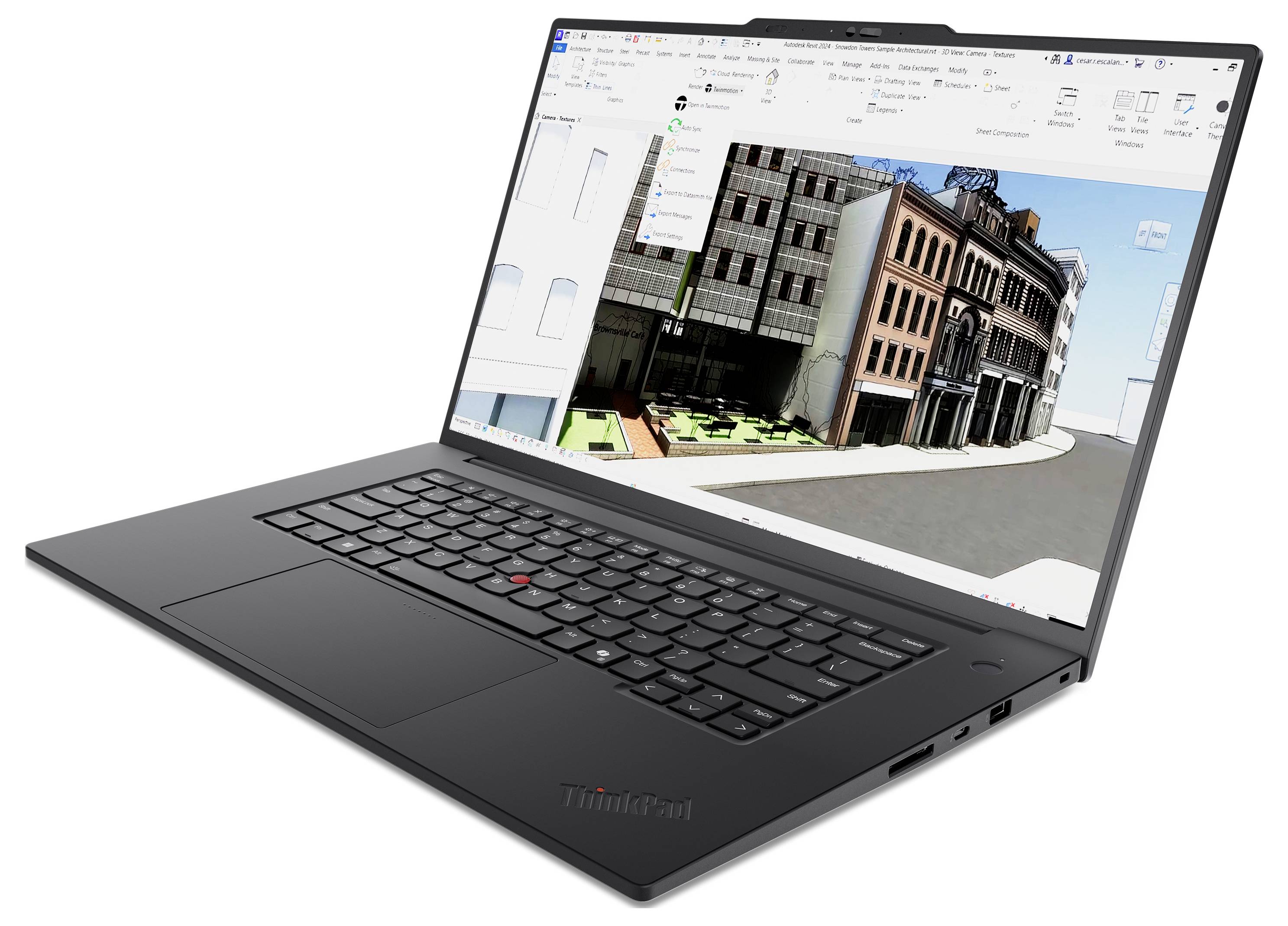 Ein schwarzer Laptop, der einen Bildschirm mit Architektur-Software zeigt, mit einem 3D-Modell einer Gebäudeszene inklusive Straßen.