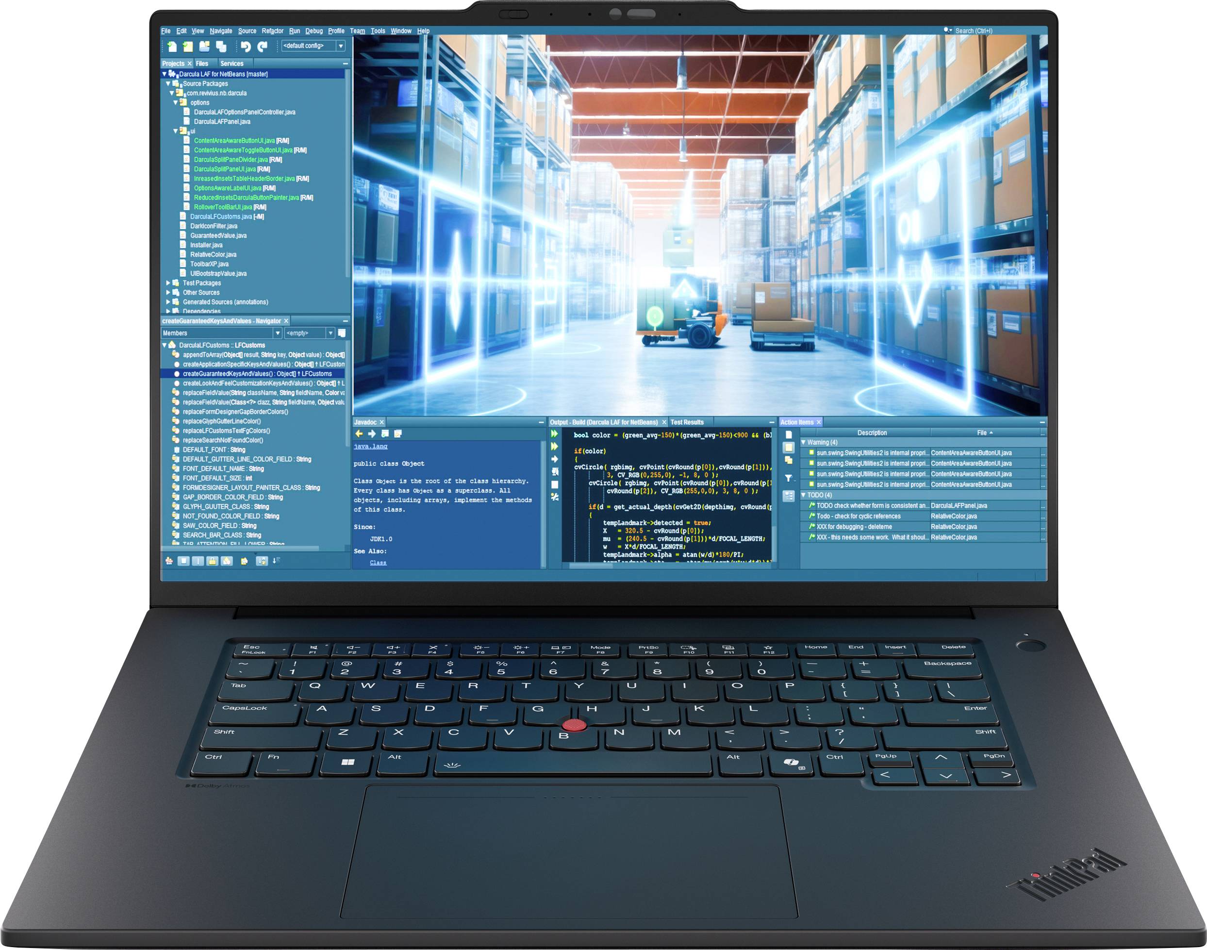 Ein Laptop-Bildschirm zeigt eine Coding-Software mit Codezeilen. Im Hintergrund ein futuristisches Lager mit Kisten und digitalen Grafiken.