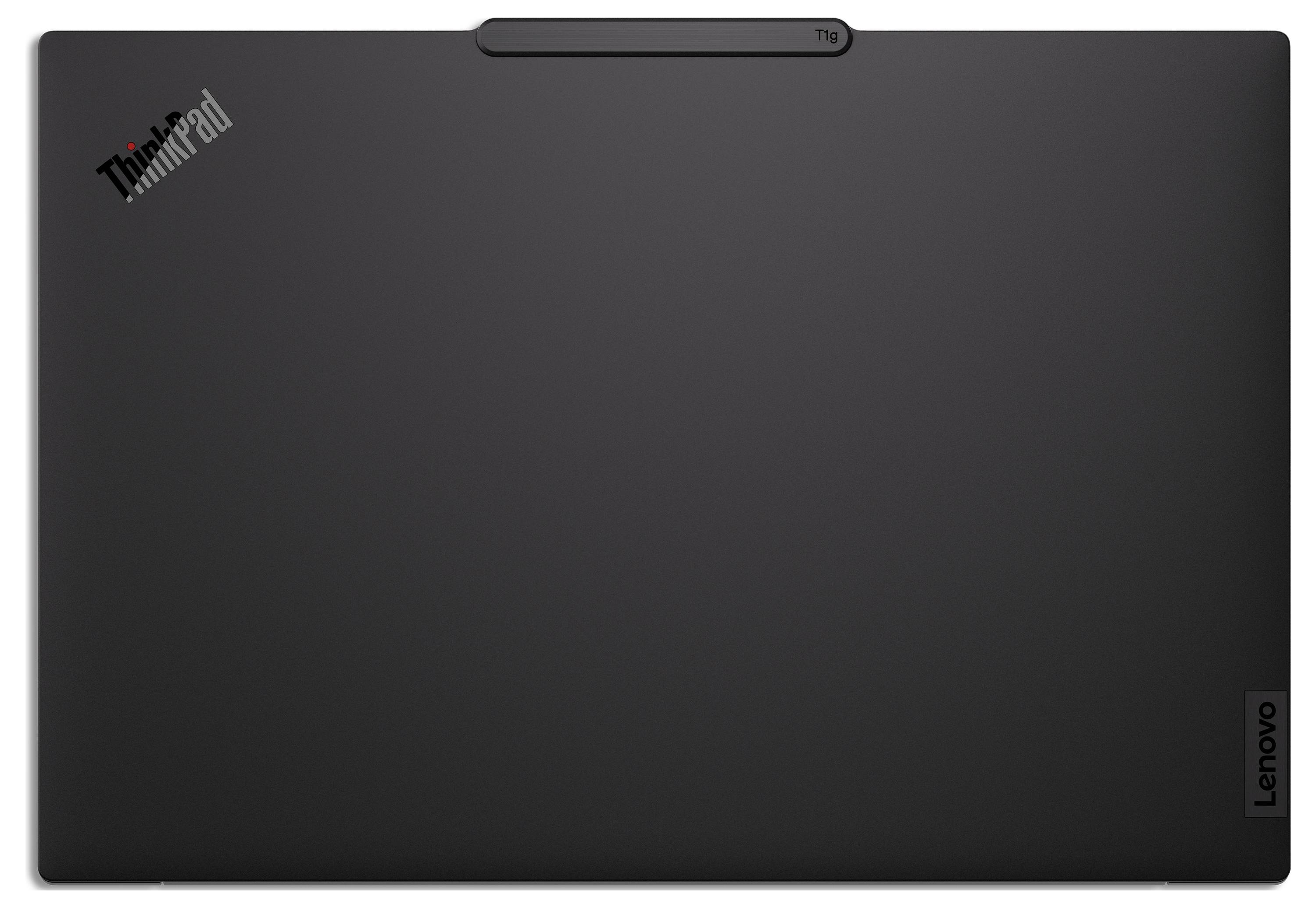 Geschlossener schwarzer Lenovo ThinkPad Laptop mit Logos auf dem Deckel.