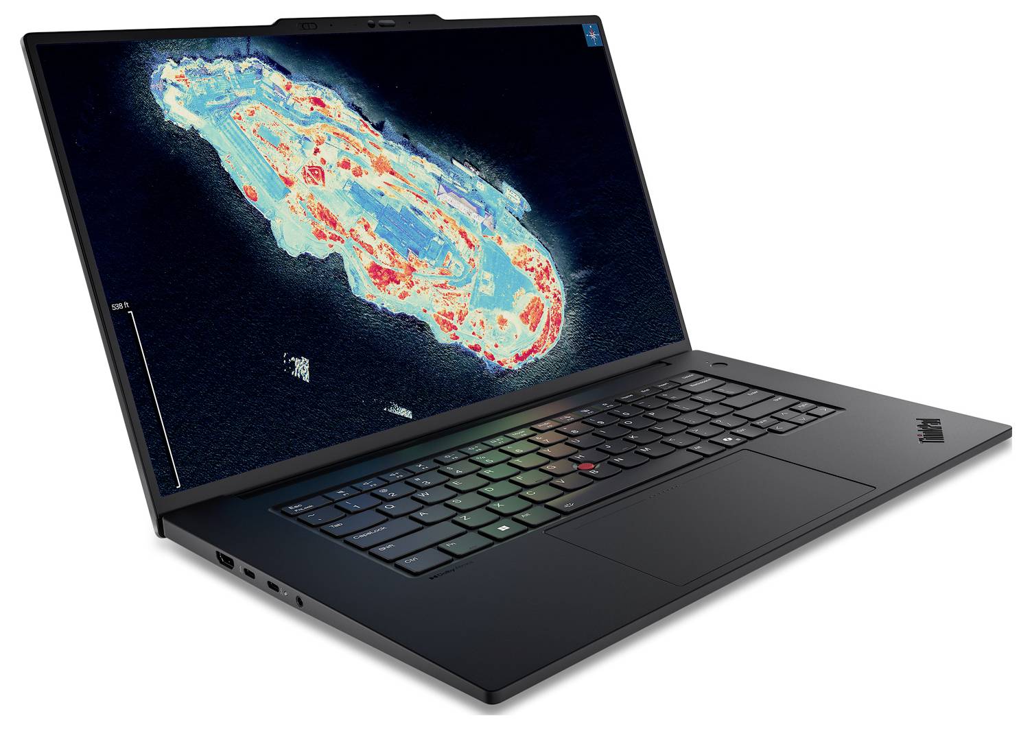 Ein schwarzer Laptop ist geöffnet und zeigt eine farbenfrohe Infrarotkarte auf seinem Bildschirm, die Temperaturunterschiede über eine geografische Region anzeigt.
