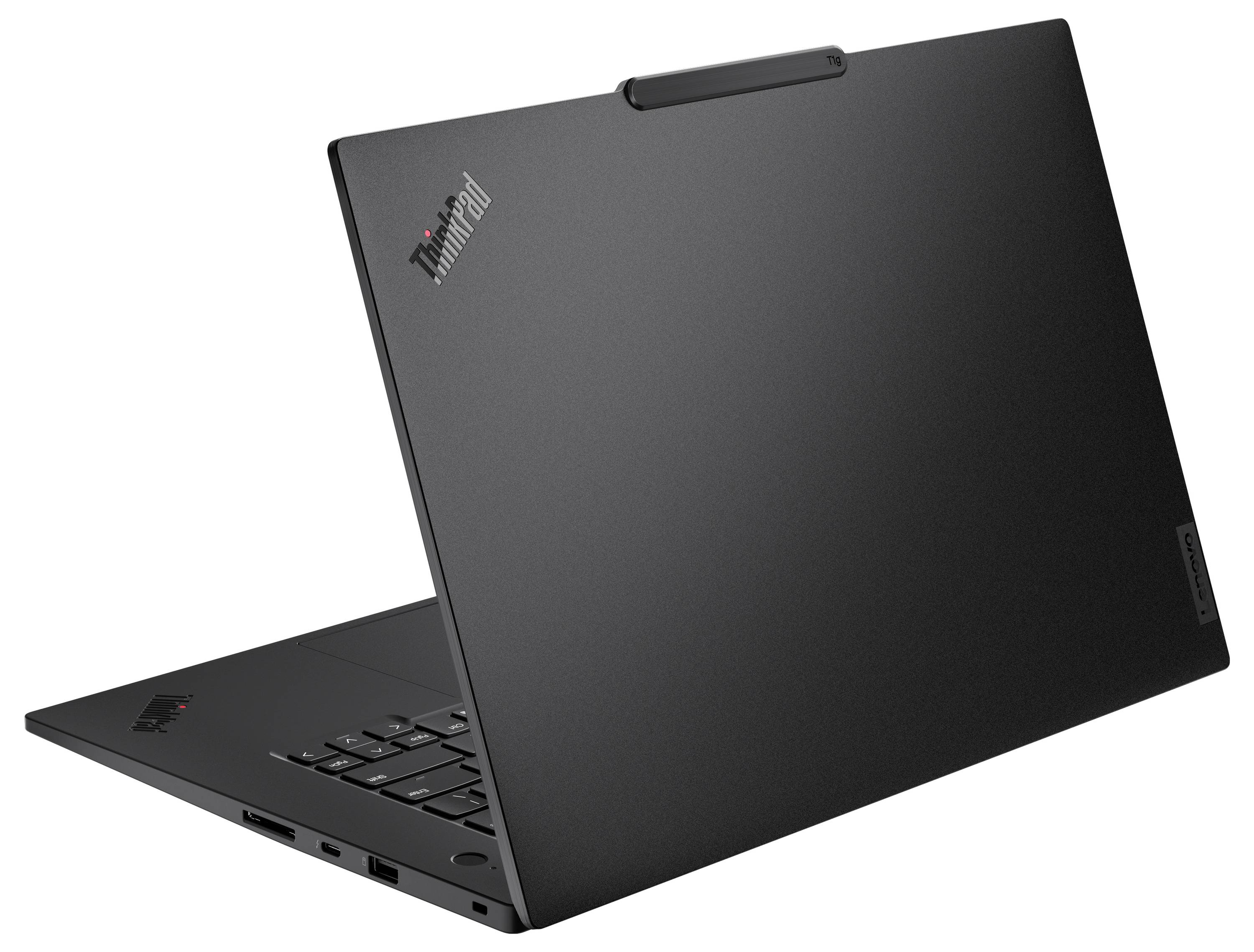 Ein schwarzer Laptop mit teilweise geschlossenem Deckel, auf dem das 'ThinkPad' Logo oben links zu sehen ist.