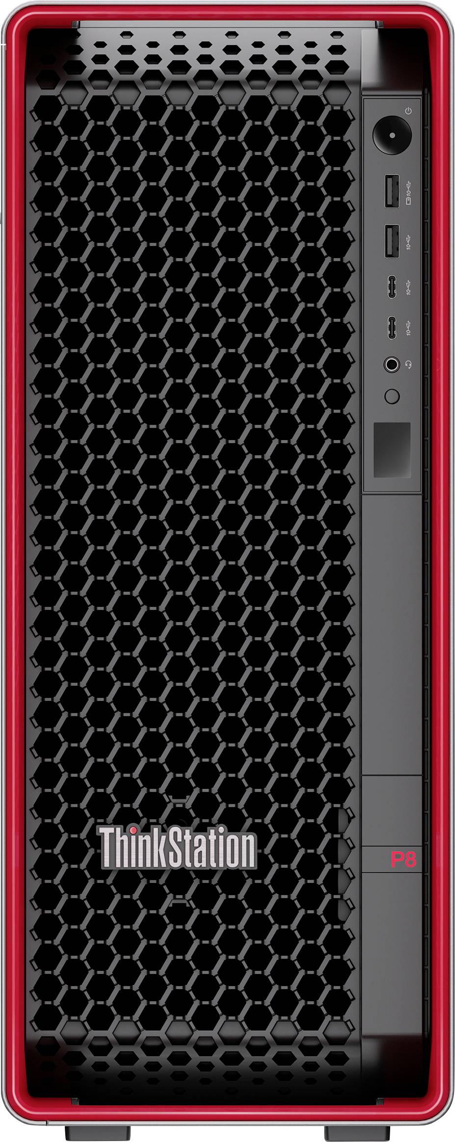 Frontansicht einer ThinkStation P620 Workstation mit rotem Rahmen und Wabenlüftungsdesign, ausgestattet mit USB-Anschlüssen und Einschaltknopf.