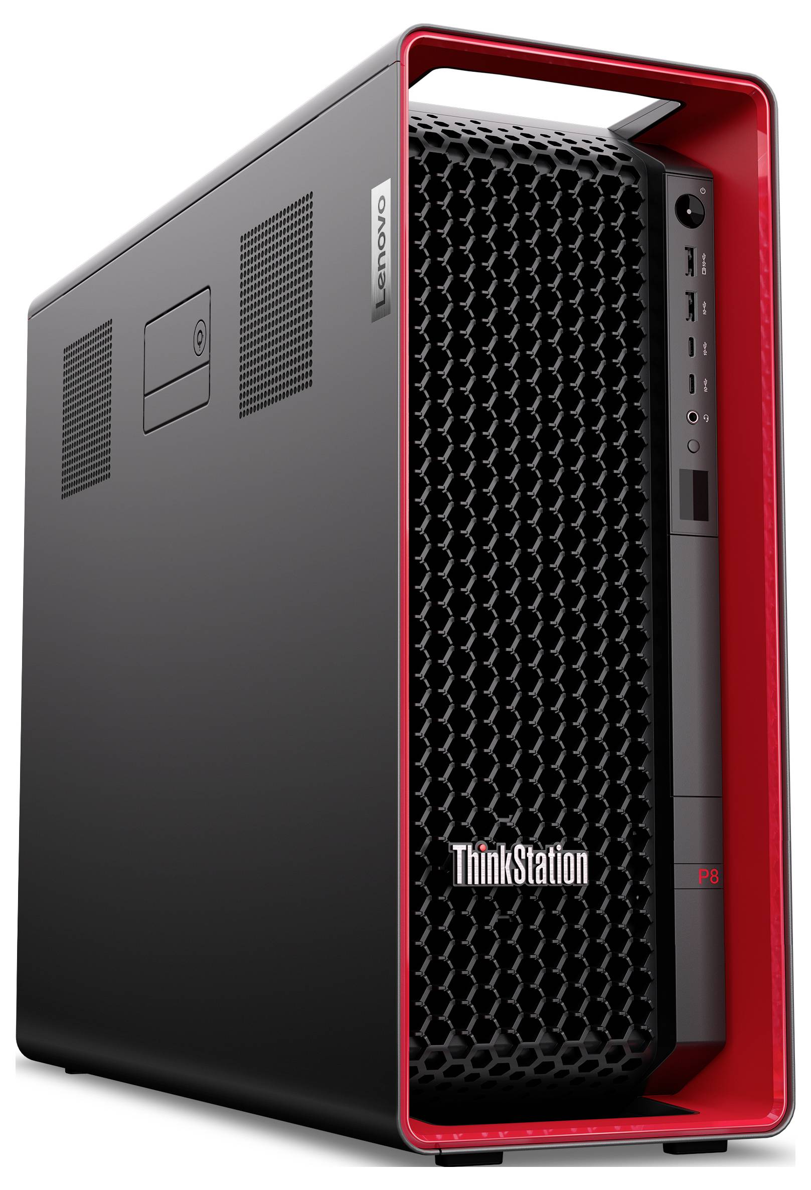 Ein schwarzer und roter Desktop-Tower mit einem Wabenmuster auf der Vorderseite und dem 'ThinkStation'-Logo, der den Einschaltknopf und Anschlüsse an der Seite zeigt.