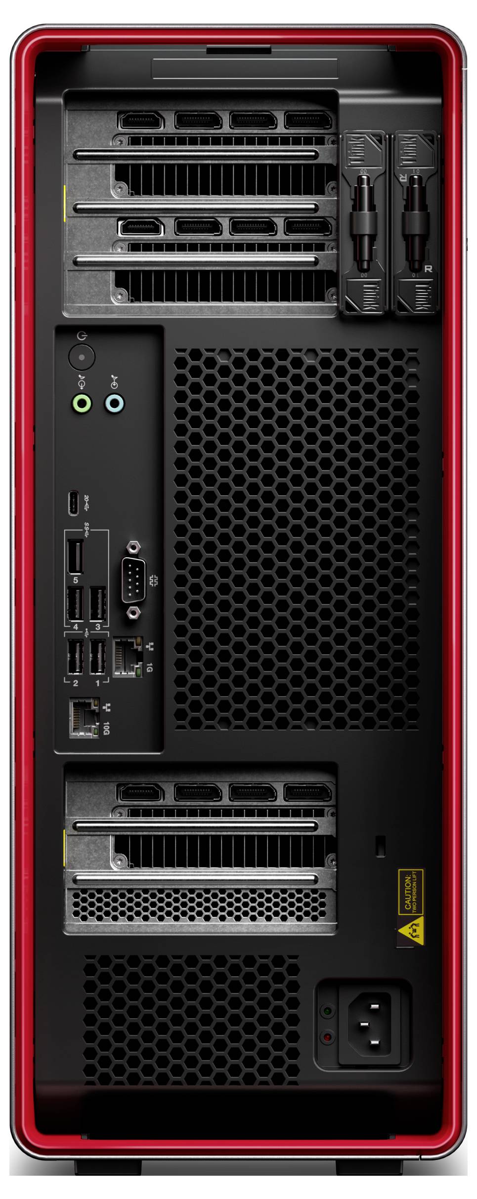 Die Rückansicht eines Computergehäuses mit verschiedenen Anschlüssen wie USB, Audiobuchsen, HDMI und PCI-Steckplätzen, gerahmt in Rot.