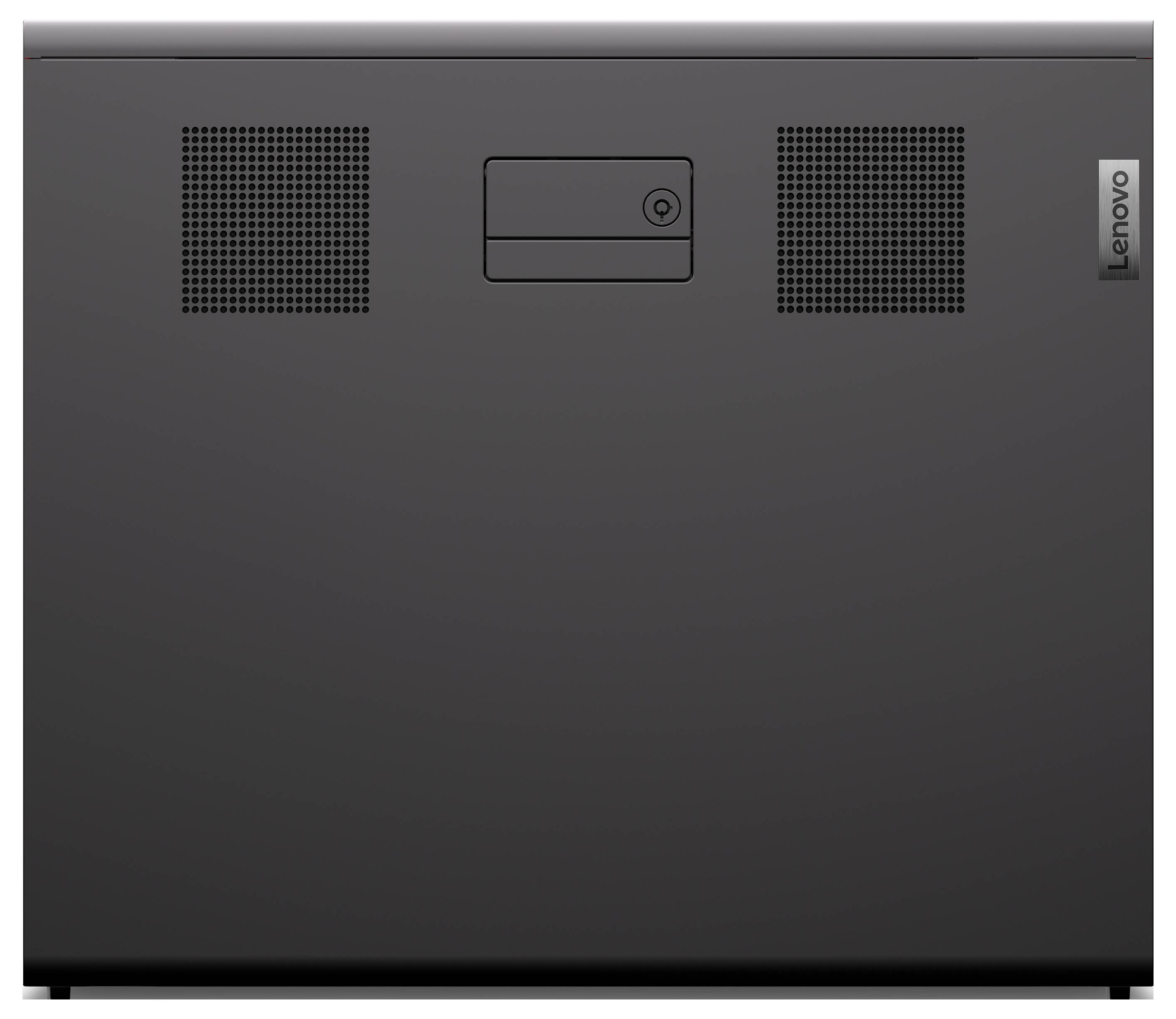 Ein schwarzes Lenovo-Desktop-Computergehäuse mit Belüftungsöffnungen und einem abschließbaren Frontpanel.