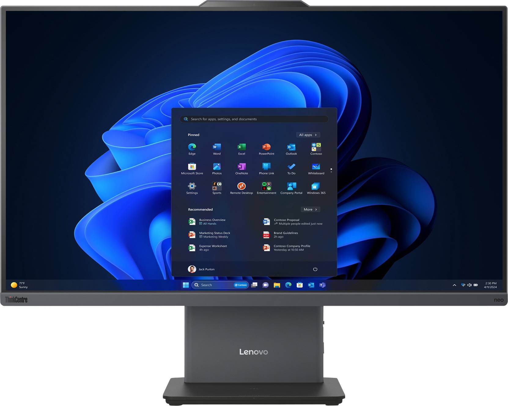 Ein Desktop-Monitor, der das Windows 11 Startmenü mit App-Symbolen wie Microsoft Edge zeigt, mit einem modernen blauen Wirbelwallpaper.