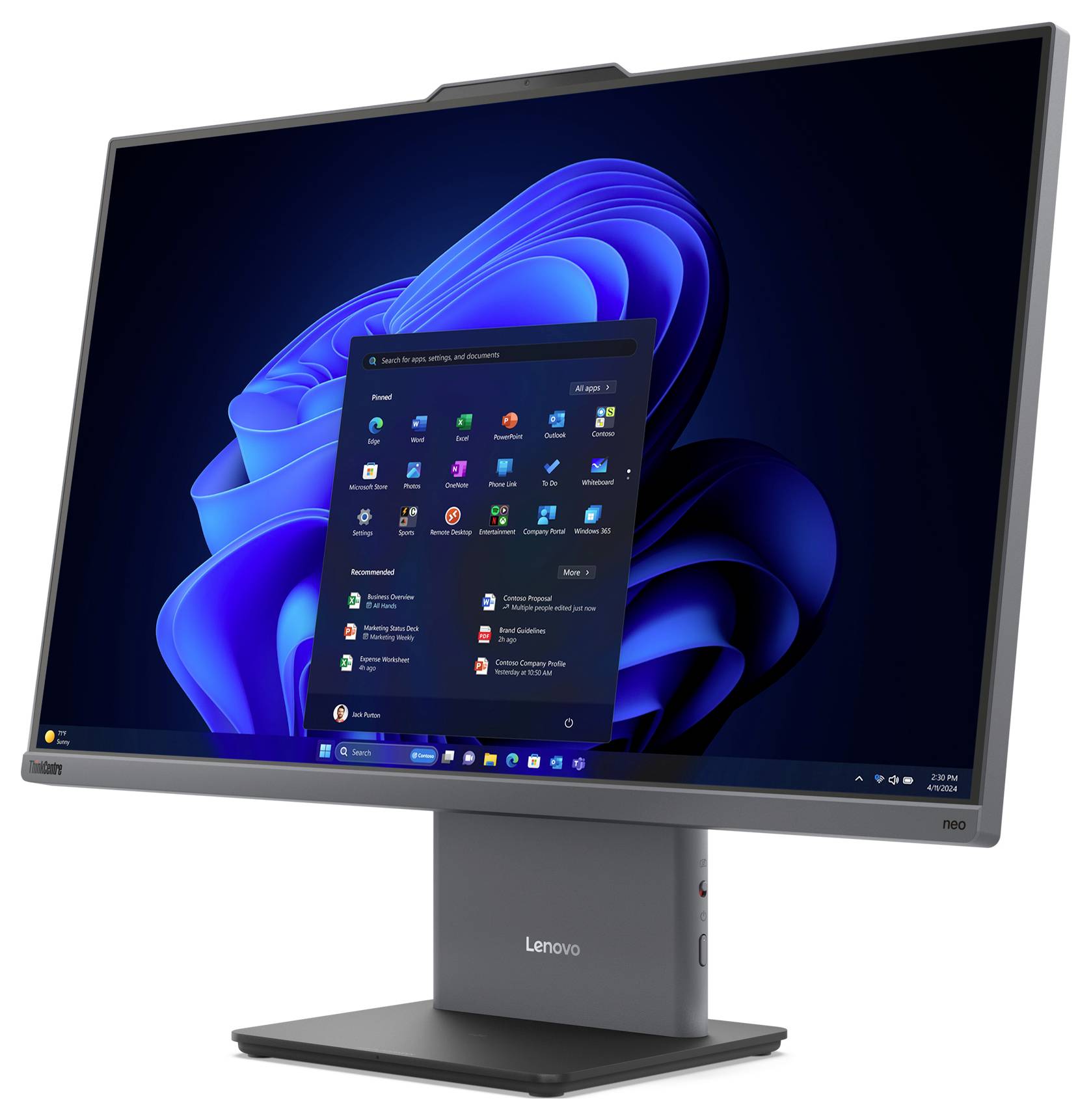 Ein Lenovo-Monitor, der einen Windows-11-Desktop zeigt, mit geöffnetem Startmenü und App-Symbolen.