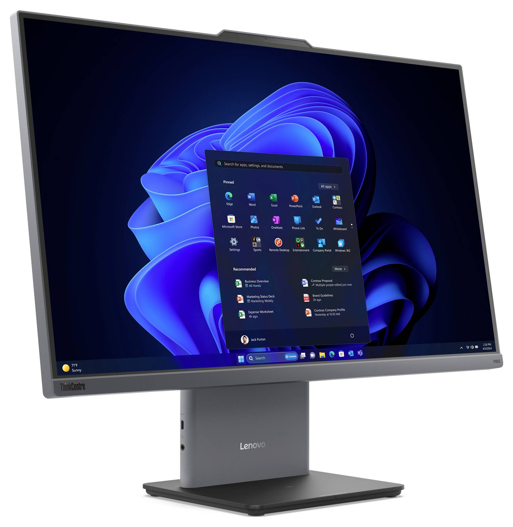 Ein Lenovo ThinkVision Monitor, der einen Windows-Desktop mit einem blauen abstrakten Hintergrund und dem geöffneten Startmenü zeigt, das verschiedene App-Symbole präsentiert.