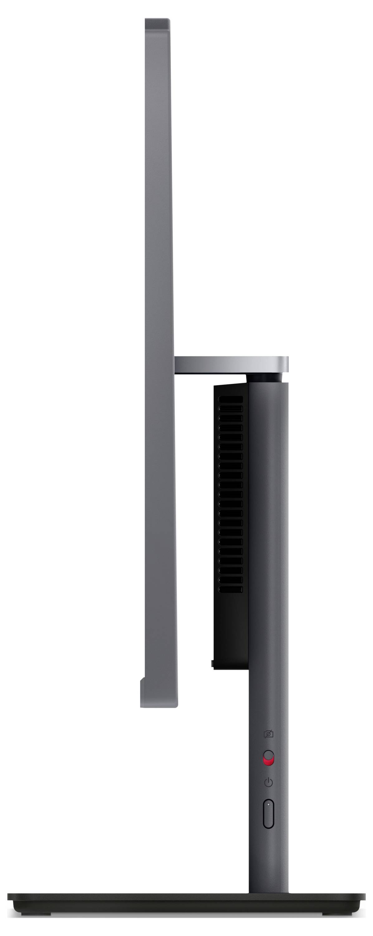 Eine Seitenansicht eines schlanken, modernen Computermonitors mit einer runden Basis und sichtbaren Bedienungstasten an der Seite.