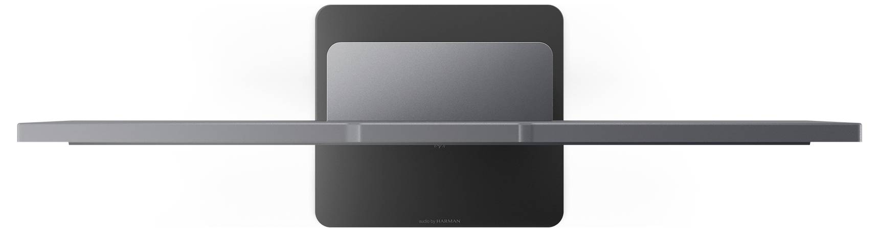 Eine schlanke, moderne TV-Wandhalterung mit minimalistischem Design in mattem Schwarz und Silber, von der Seite betrachtet, die ihr schmales Profil zeigt.