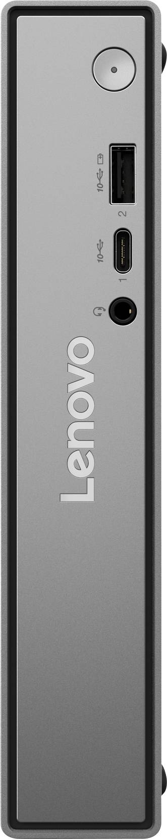 Ein schlankes, vertikales graues Gerät mit dem Schriftzug 'Lenovo' an der Seite, ausgestattet mit einem Powerknopf, USB-Anschlüssen, Audioeingang und einem VGA-Anschluss auf dem Frontpanel.