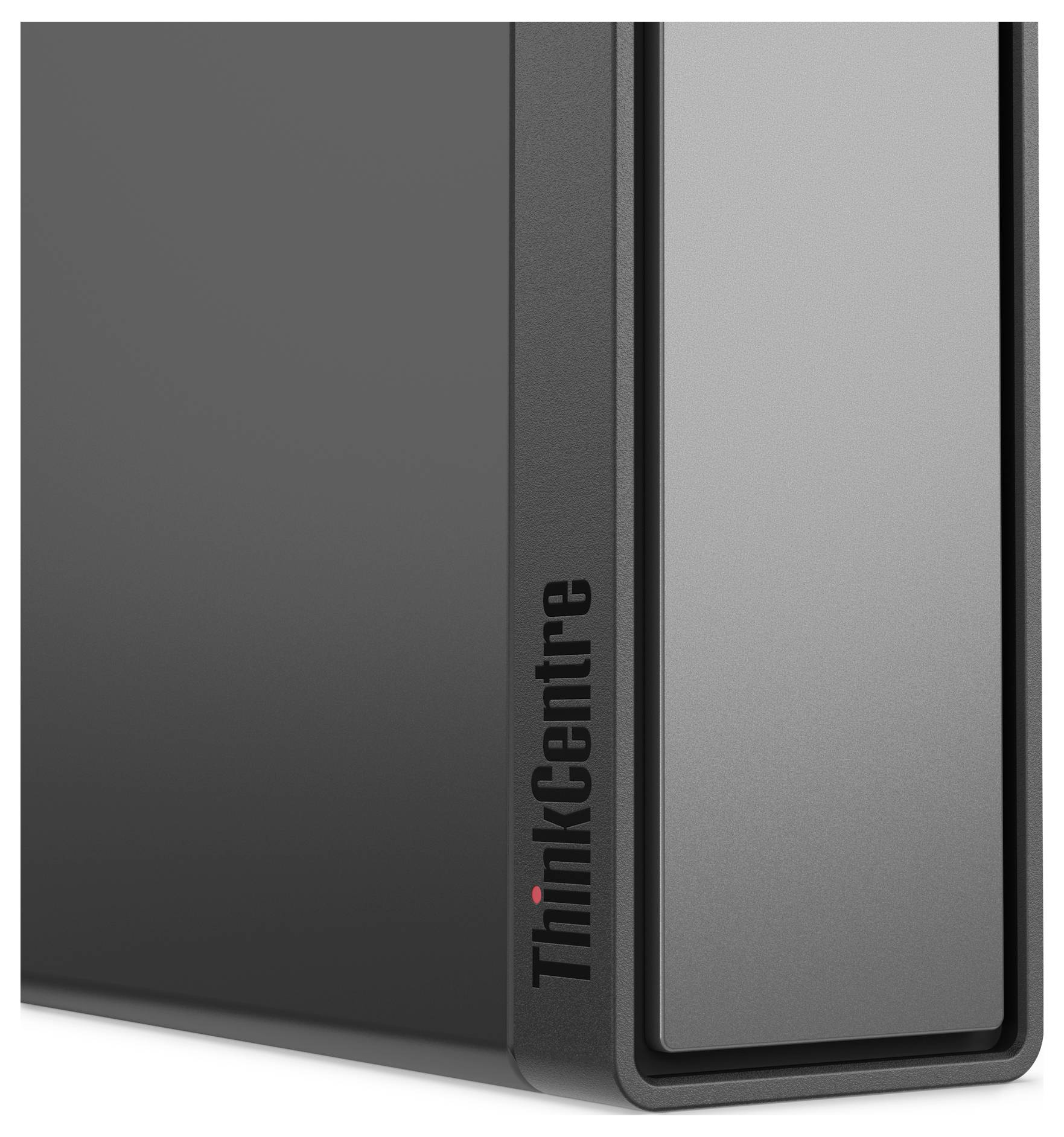 Eine Nahaufnahme der unteren Ecke eines Desktop-Computergehäuses, mit dem Etikett 'ThinkCentre', die sein elegantes, modernes Design präsentiert.