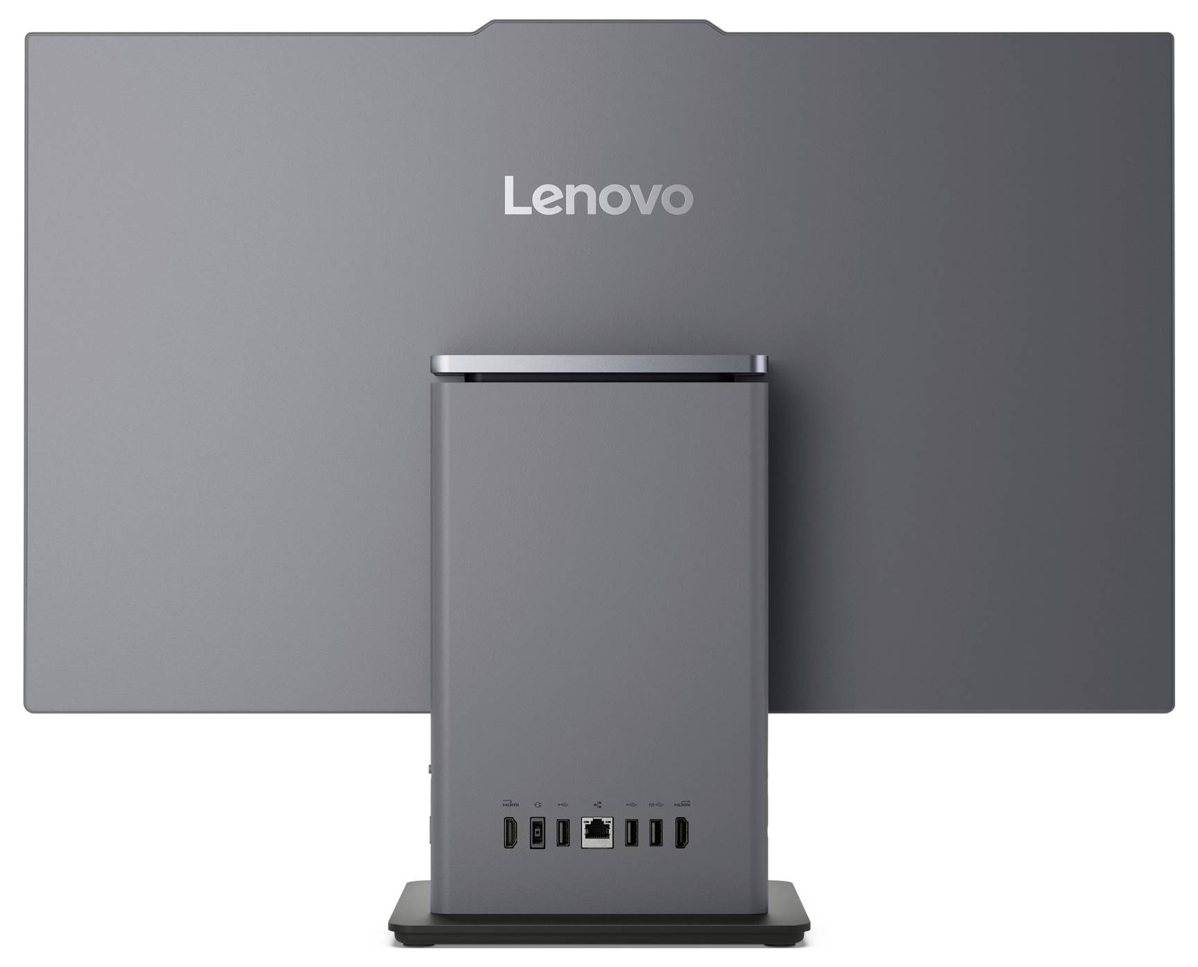 Rückansicht eines Lenovo-Monitors mit einem grauen Ständer, mehrere USB-Anschlüsse und HDMI-Verbindungen am unteren Rand sichtbar.