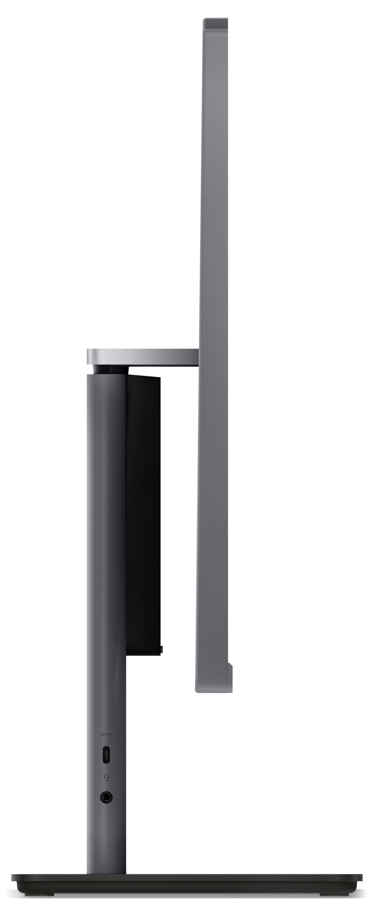 Eine Seitenansicht eines dünnen Computermonitors mit modernem Design, ausgestattet mit einem schlanken Ständer und minimalem Rahmen.