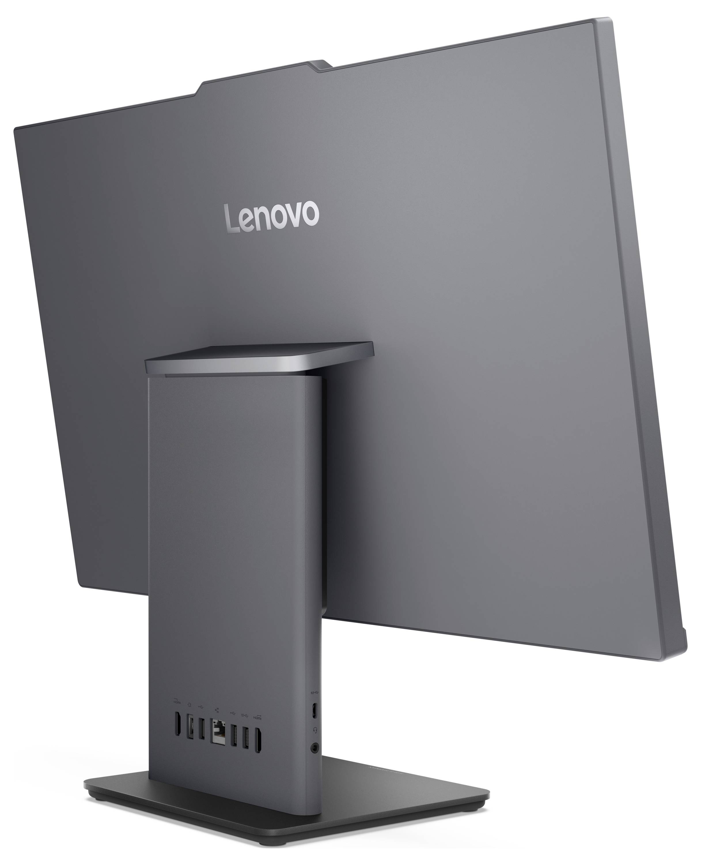 Rückansicht eines Lenovo-Monitors auf einem Ständer, die die Anschlüsse an der Basis zeigt. Der Bildschirm ist leer und leicht geneigt.