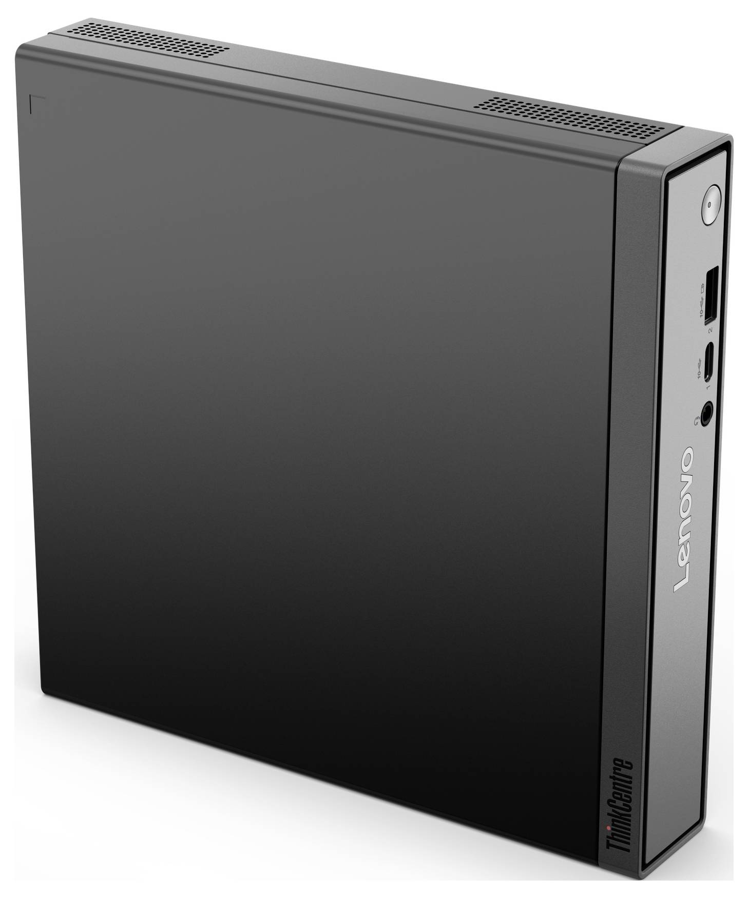Ein schwarzer Lenovo ThinkCentre Mini-Desktop-Computer, vertikal stehend, mit vorderen Anschlüssen und Powerknopf an seiner Seitentafel.