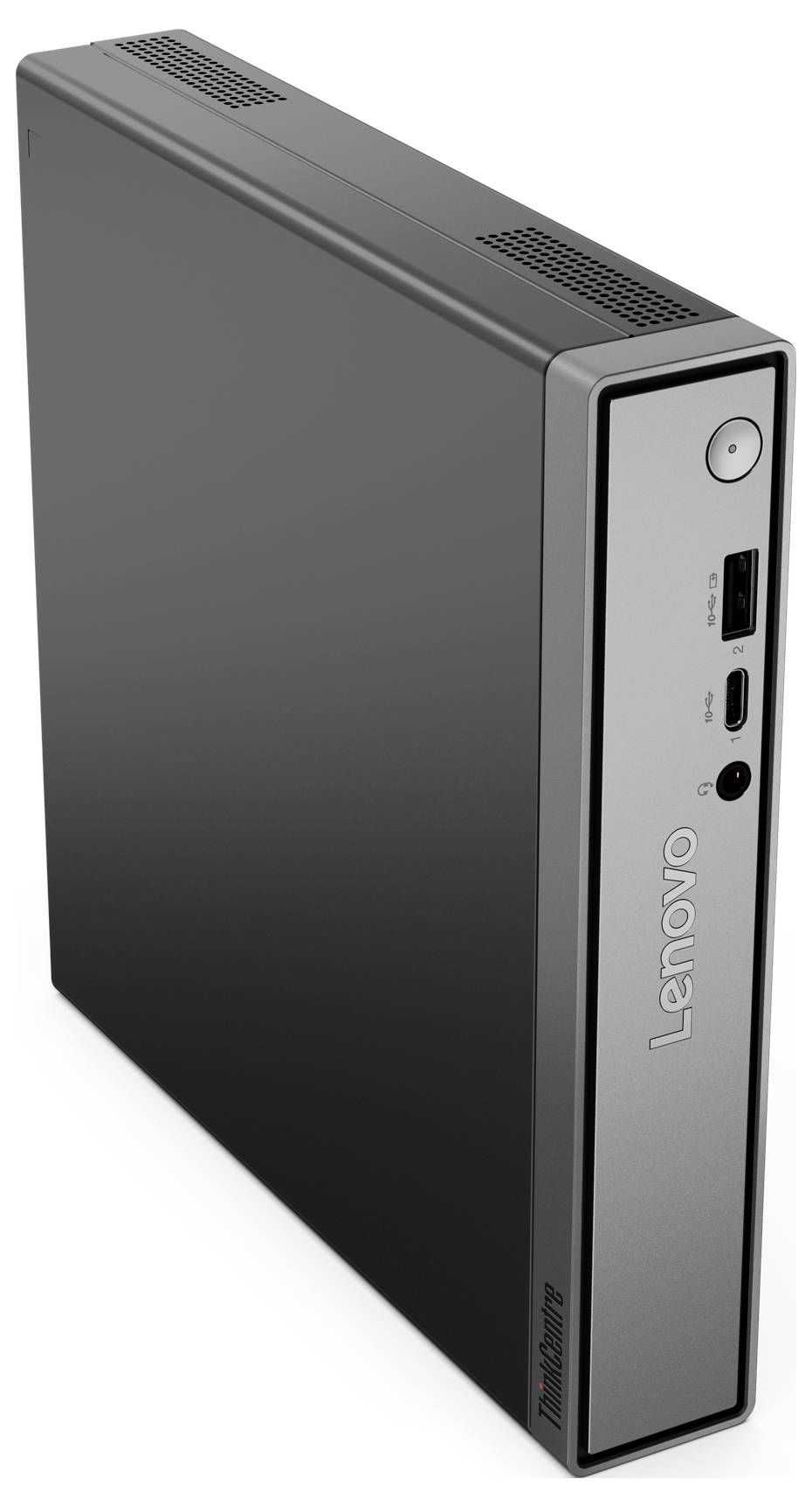 Ein kompakter, vertikaler Lenovo Mini-Desktop-Computer in Schwarz und Silber, der Frontanschlüsse und das Lenovo-Logo zeigt.
