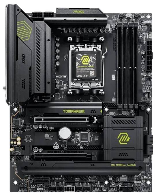 Ein Mainboard mit der Bezeichnung 'MAG Tomahawk', das mehrere Steckplätze und Anschlüsse für Gaming-Zwecke aufweist und die MSI-Markenidentität trägt.