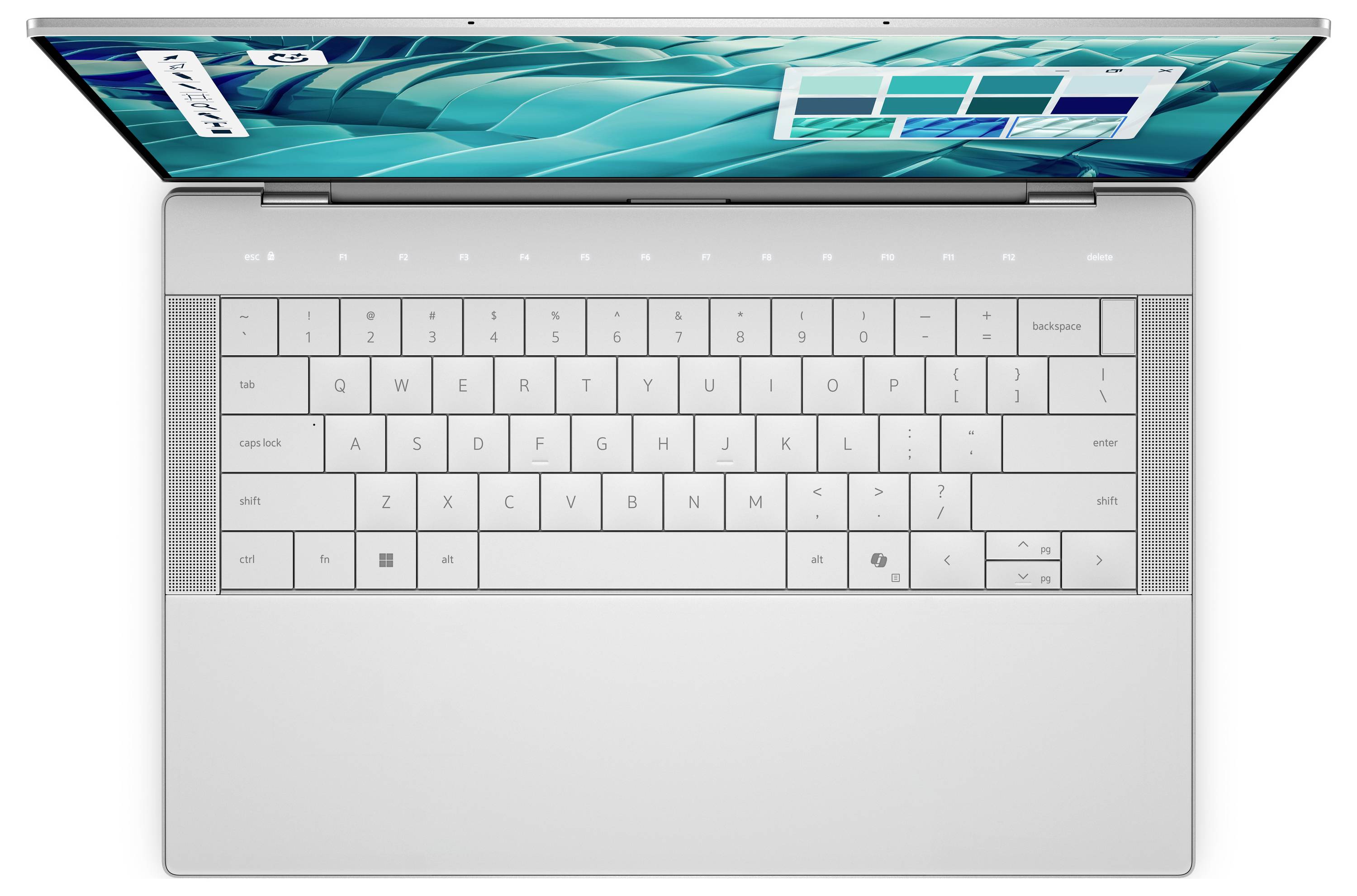 Ein silberner Laptop mit einer flachen, schlanken Tastatur ist geöffnet und zeigt einen blauen Bildschirm mit einem Fenster, das vier Layoutoptionen anzeigt.