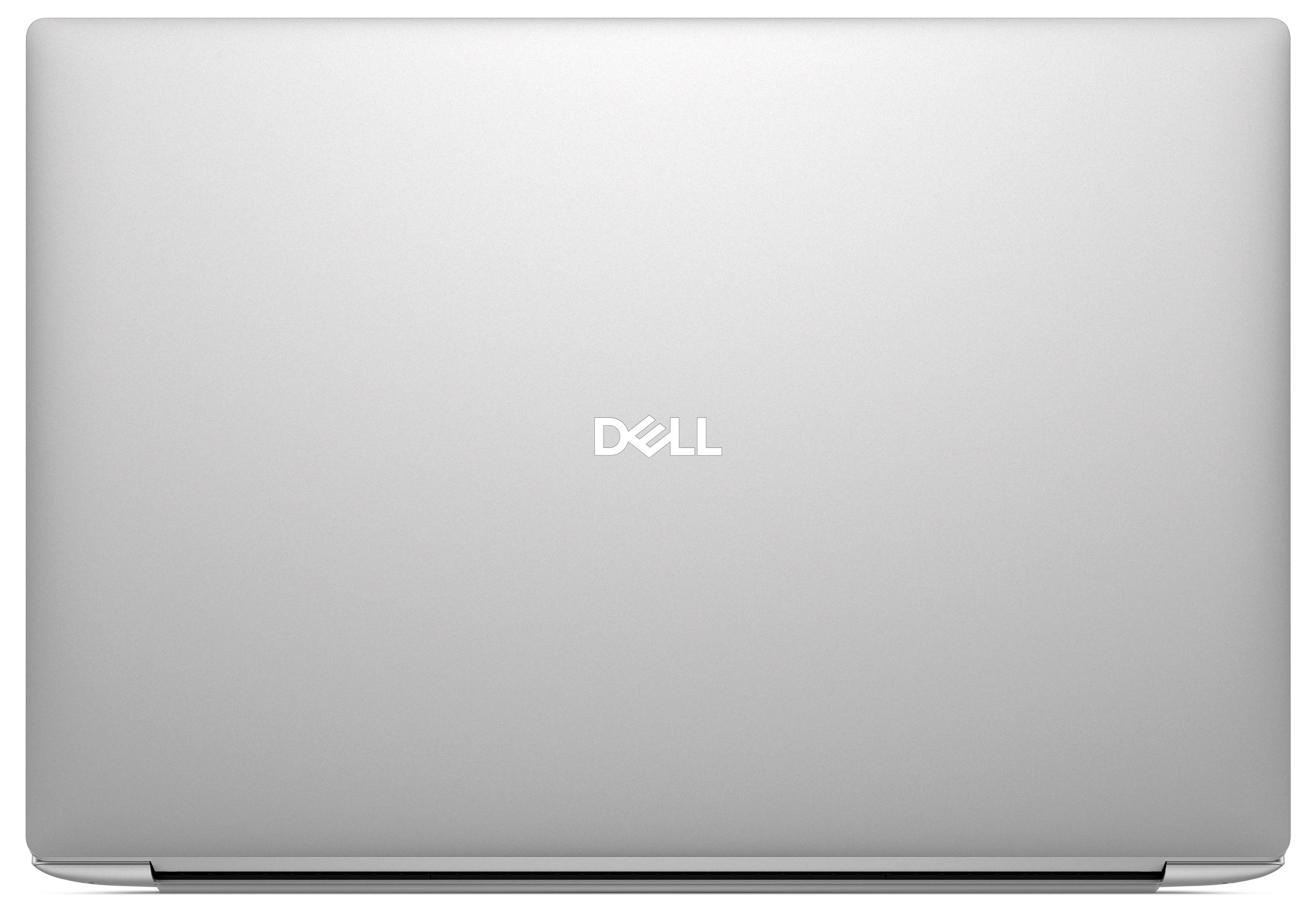 Ein silberner Dell-Laptop, geschlossen, mit zentriertem Dell-Logo auf dem Deckel.
