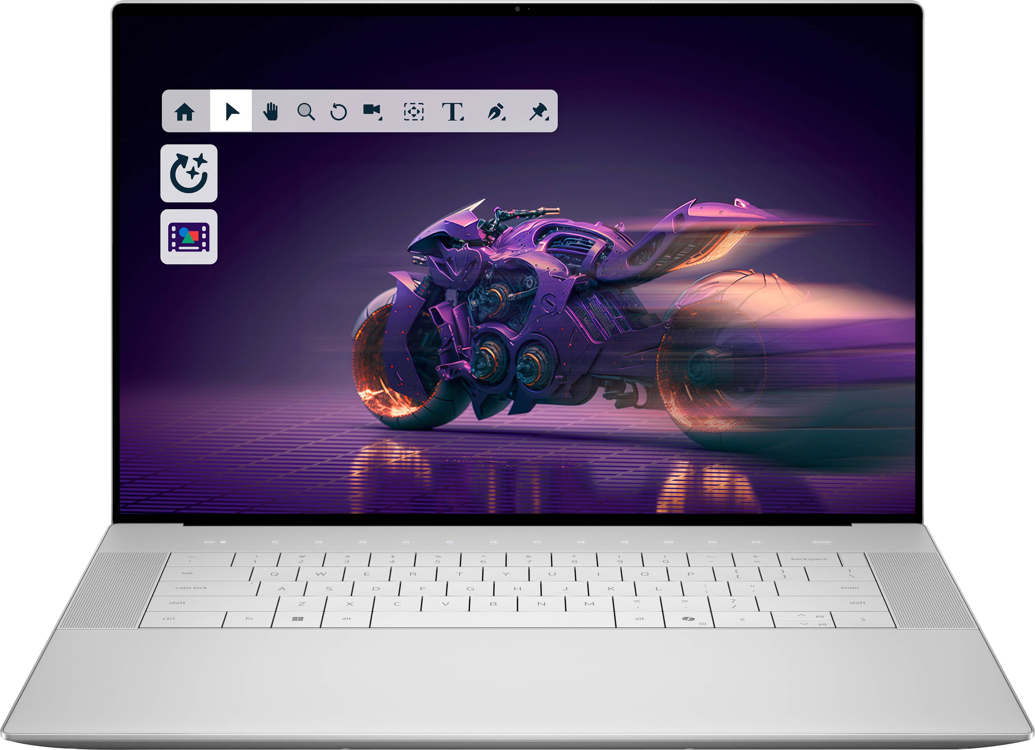 Ein Laptop-Bildschirm zeigt eine Design-Software-Oberfläche, die ein futuristisches Motorrad in leuchtenden Violetttönen präsentiert und Bewegungsunschärfe veranschaulicht.