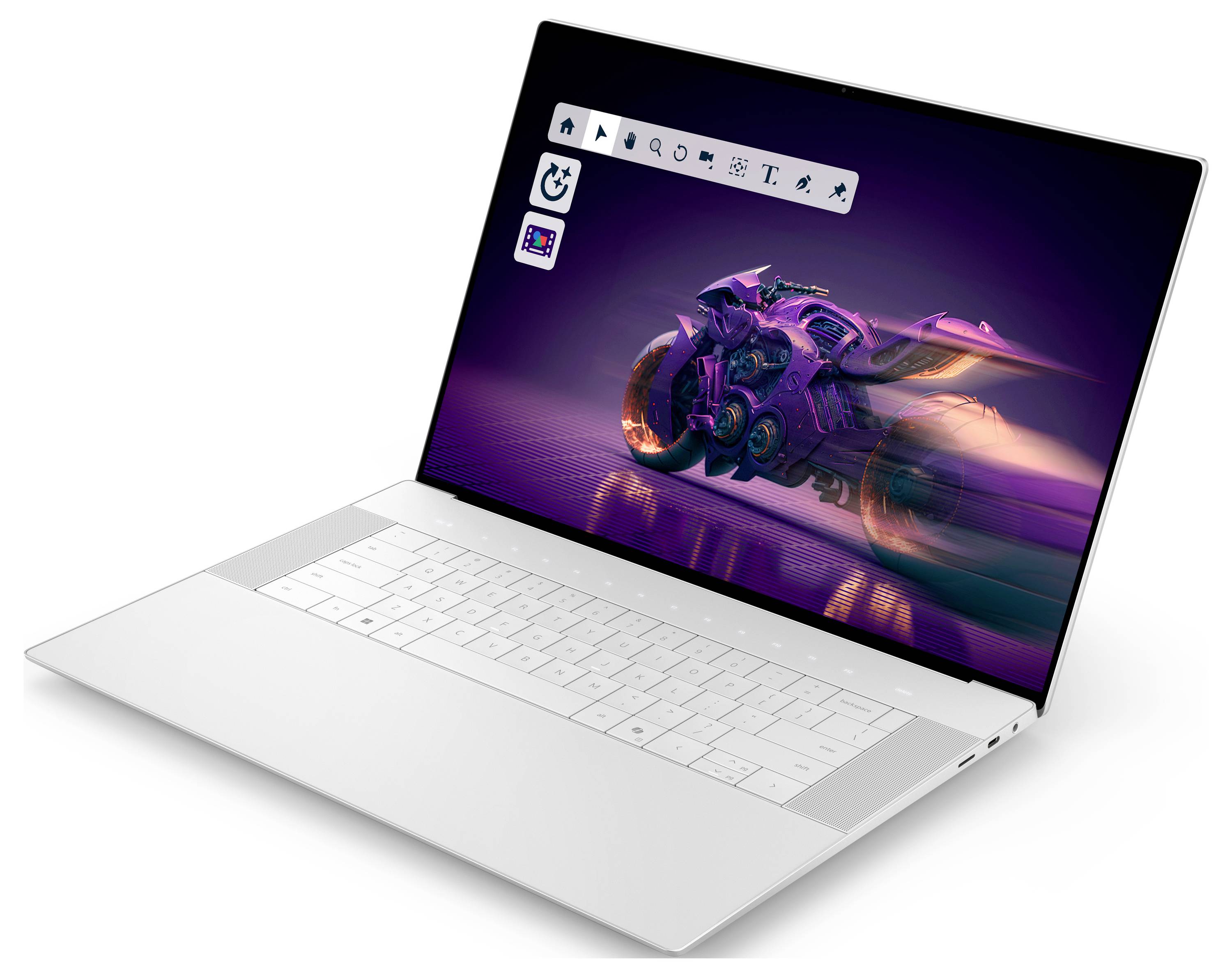 Ein schlanker silberner Laptop mit einer Bildbearbeitungssoftware auf dem Bildschirm, die ein futuristisches Motorraddesign in leuchtenden Farben zeigt.