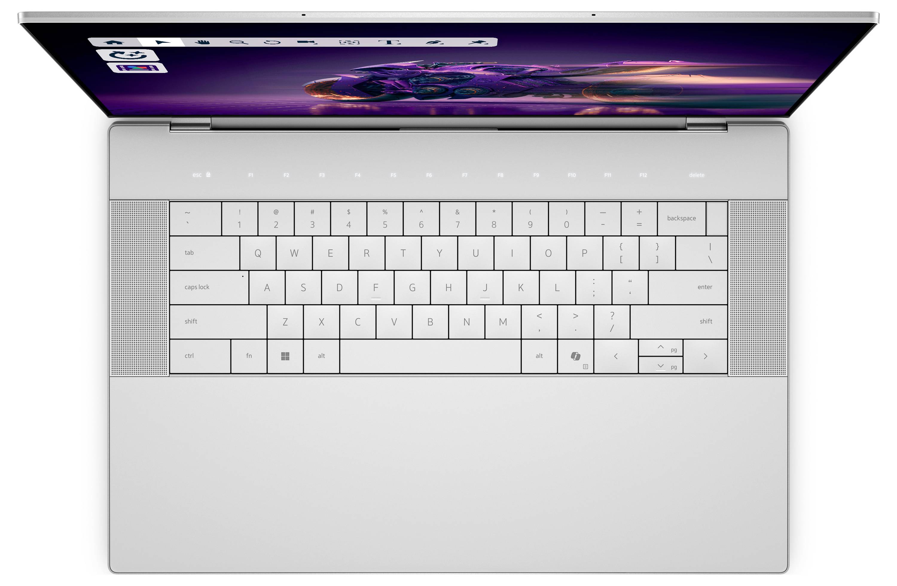 Ein silberner Laptop aus Vogelperspektive mit einer cleanen, weißen Tastatur und einem leuchtenden Bildschirm, der eine abstrakte digitale Kunstarbeit in Lila und Orange zeigt.