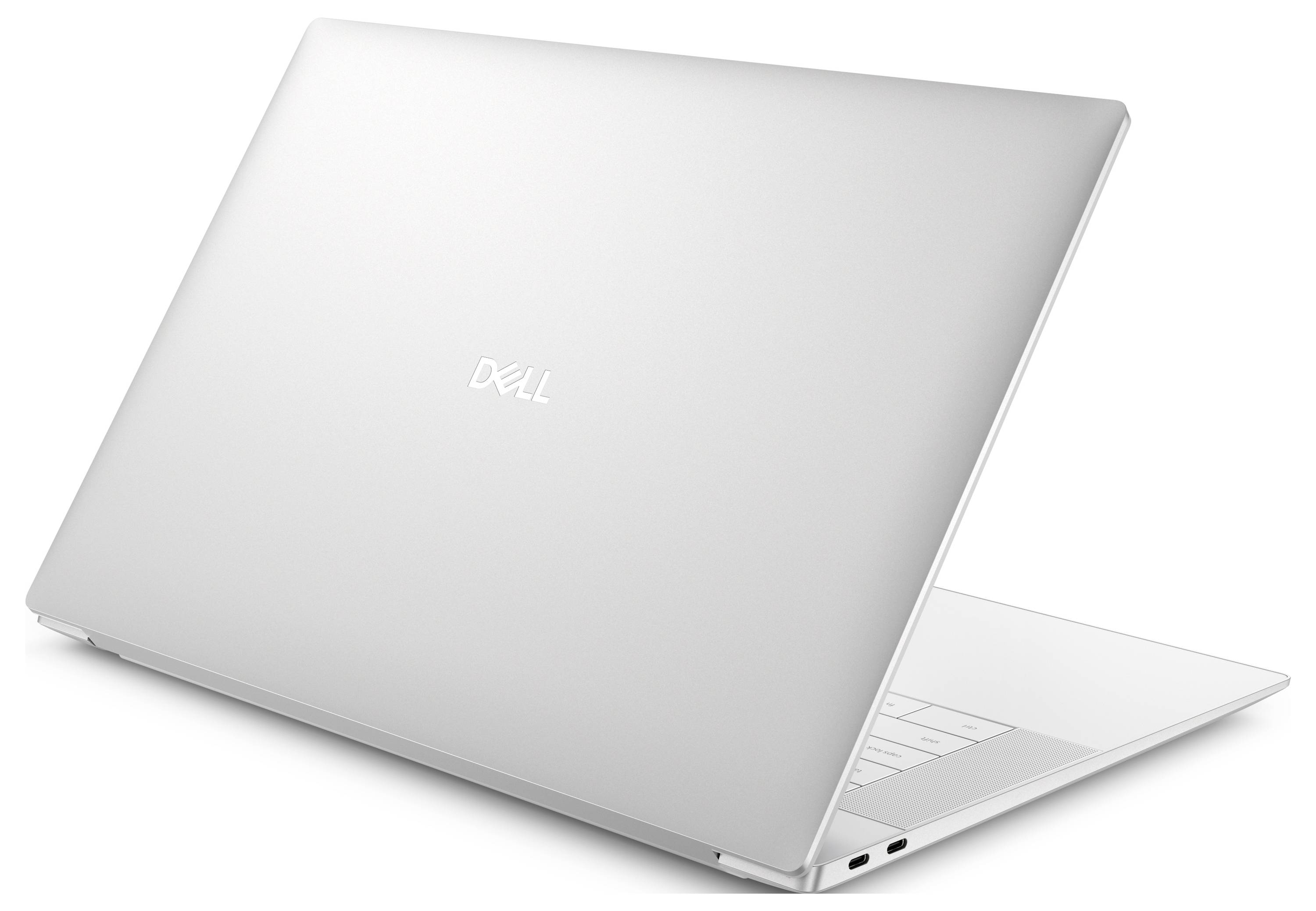 Ein silberner Dell-Laptop wird von hinten und der Seite gezeigt, wobei sein Bildschirm leicht geöffnet ist und ein schlankes Design und minimalistische Bauweise offenbart.