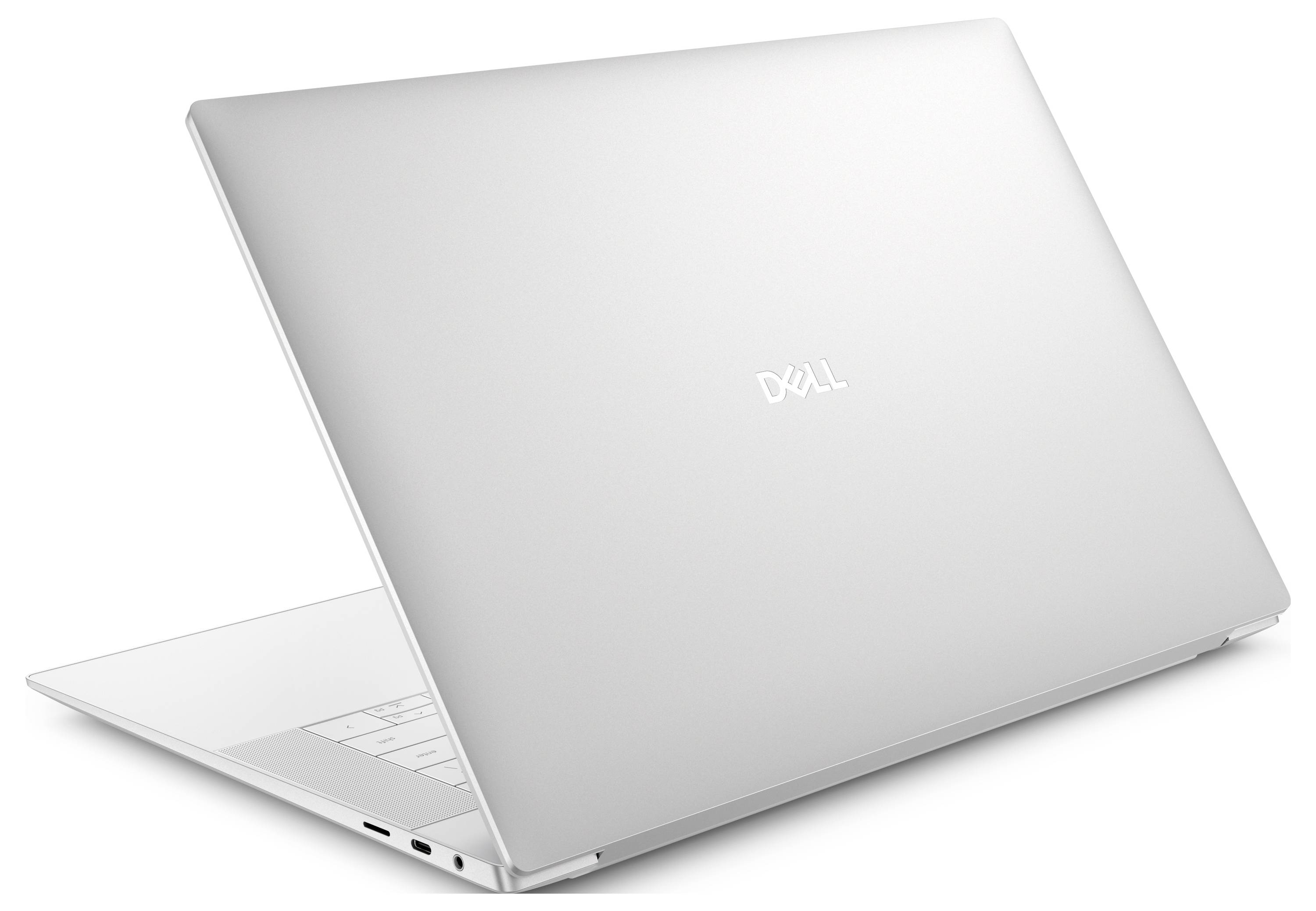 Silberner Dell-Laptop, von der hinteren linken Ecke betrachtet, der sein schlankes Design und einen teilweise sichtbaren Tastaturbereich zeigt.