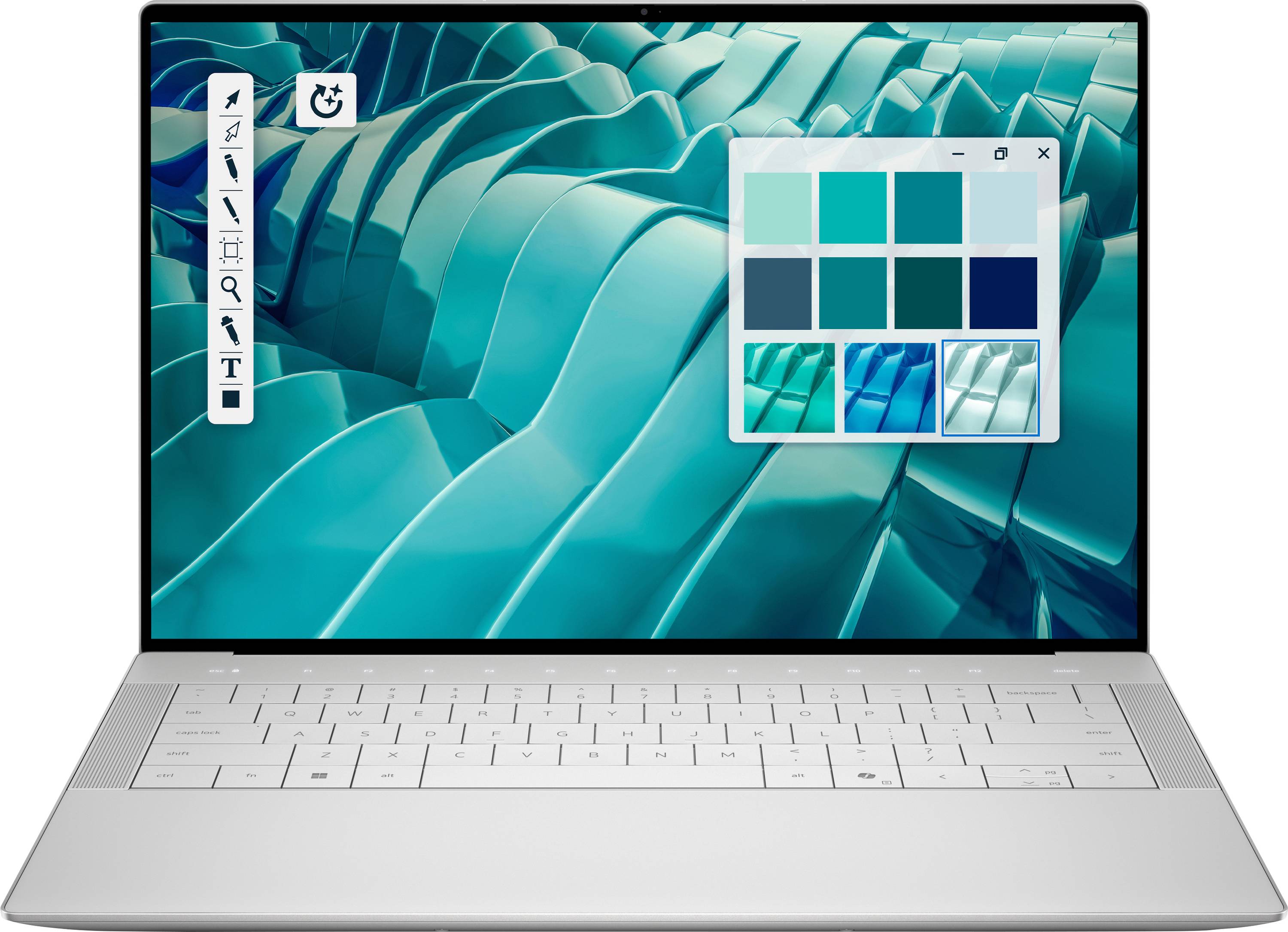 Ein Laptop mit einem Bildschirm, der eine Farbpalette und Bearbeitungstools über einem türkisfarbenen abstrakten Hintergrund zeigt, was auf Design- oder digitale Kunstarbeit hindeutet.