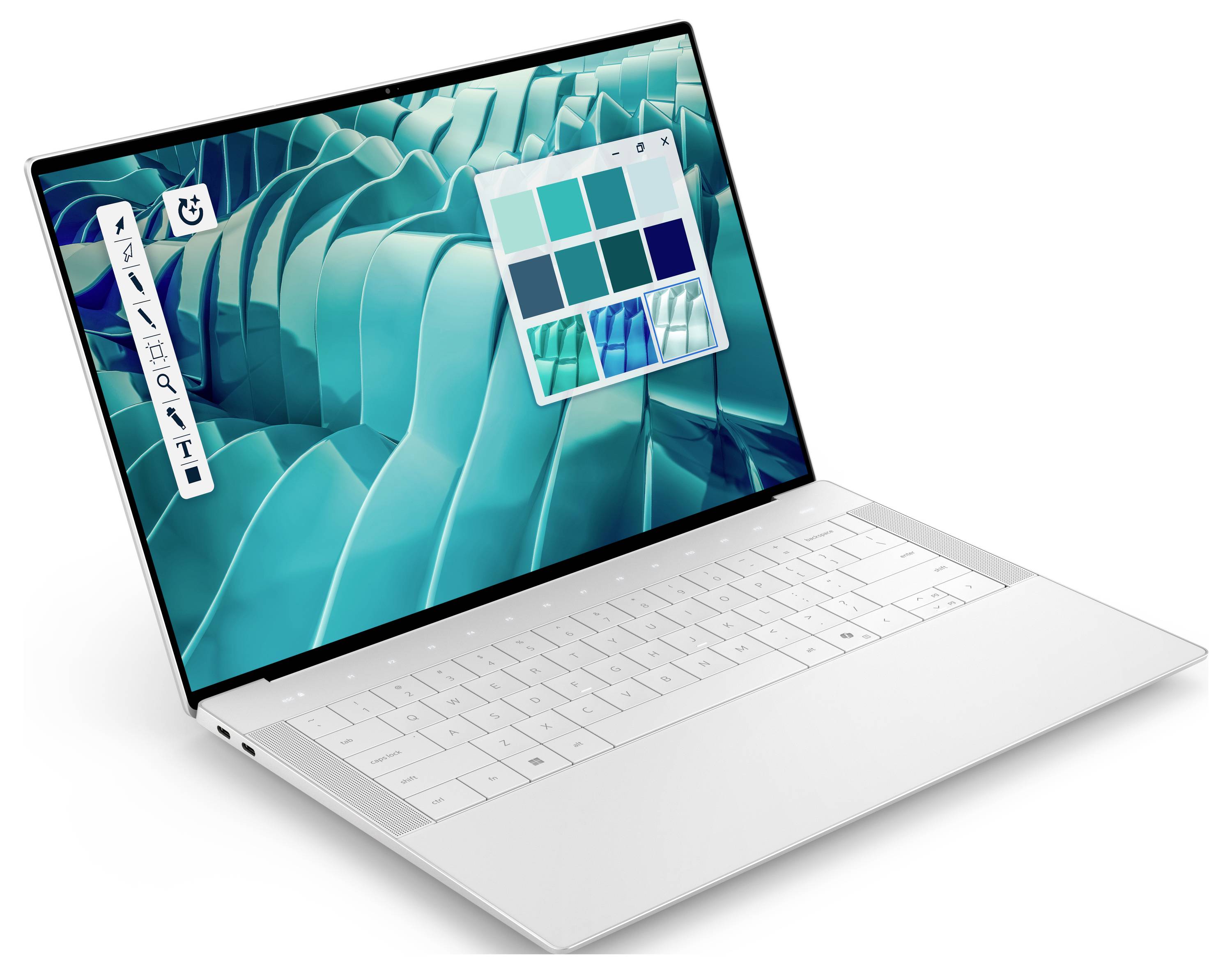 Ein schlanker, offener Laptop, der ein leuchtendes petrolblaues abstraktes Design auf dem Bildschirm zeigt, mit einer sichtbaren Farbauswahl-Leiste.