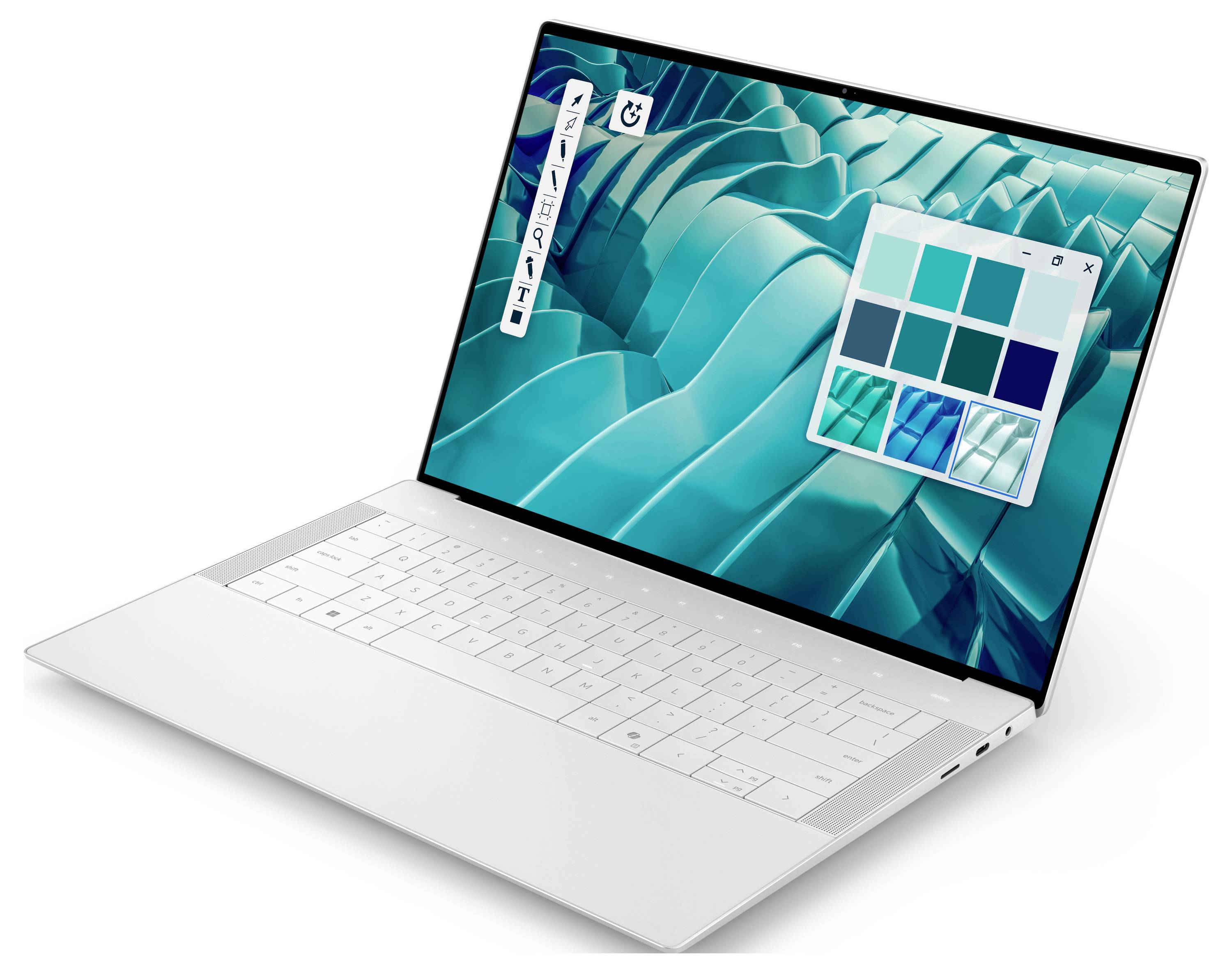 Ein schlanker silberner Laptop, der eine Grafikdesign-Software-Benutzeroberfläche zeigt, mit einer Farbpalette und einem 3D-abstrakten Wellenmuster auf dem Bildschirm.
