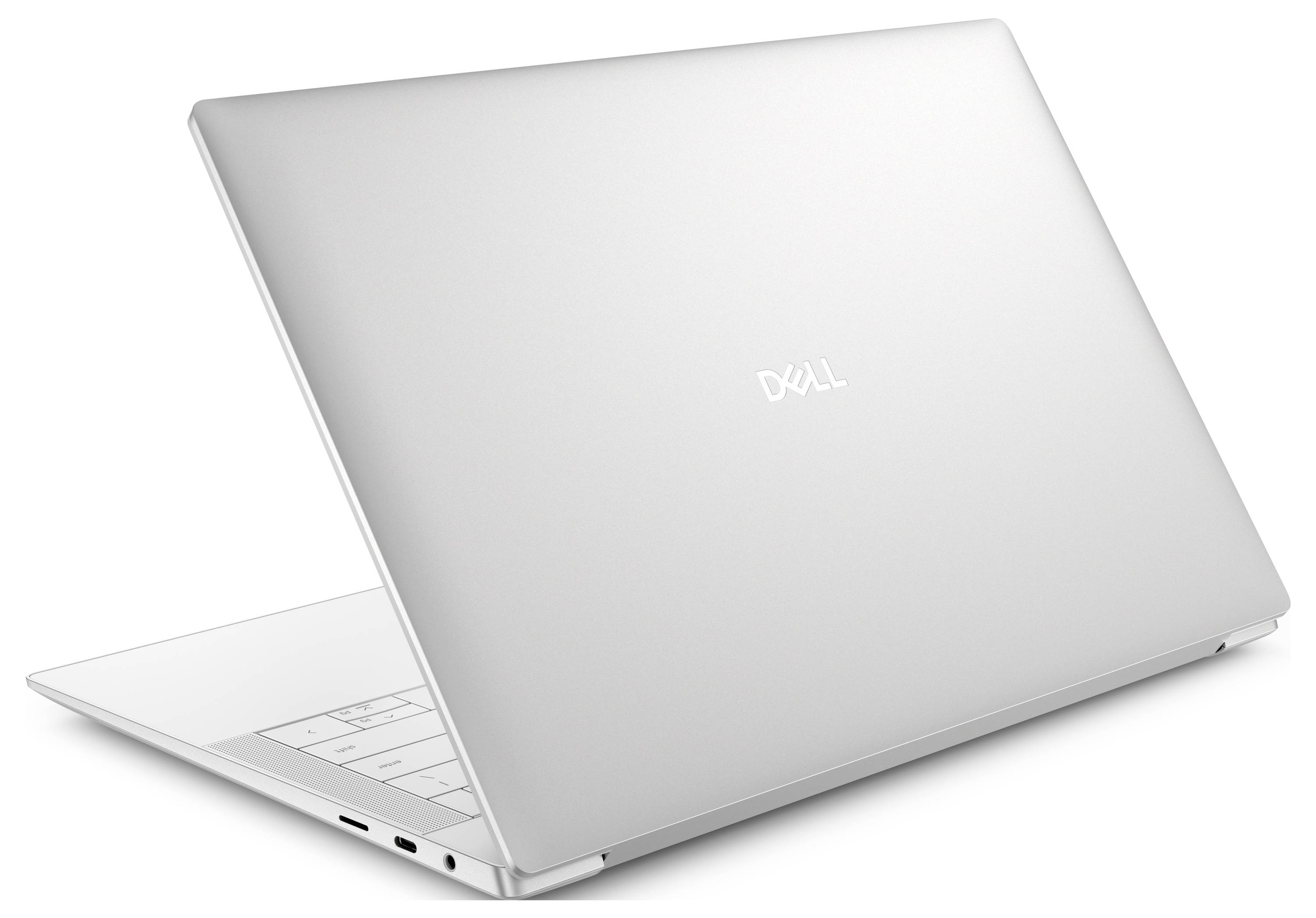 Silberner Dell-Laptop schräg geöffnet, von hinten betrachtet, wobei der Deckel mit einem Dell-Logo in der Mitte zu sehen ist. Anschlüsse sind an der Seite sichtbar.