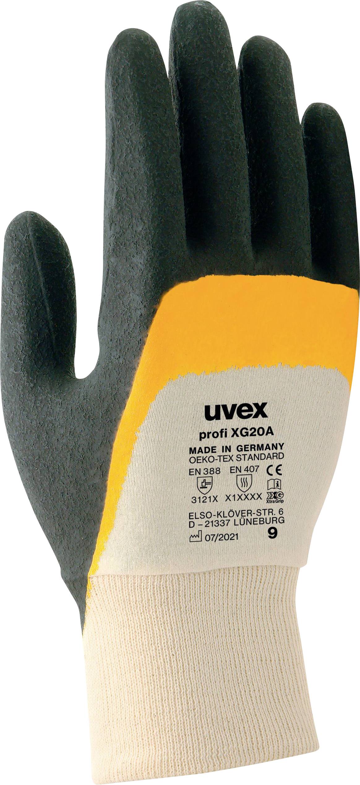 Schutzhandschuh mit schwarzer Handfläche und gelbem Band, mit der Markierung 'uvex profi XG20A'. In Deutschland hergestellt, EN-Normen vermerkt.
