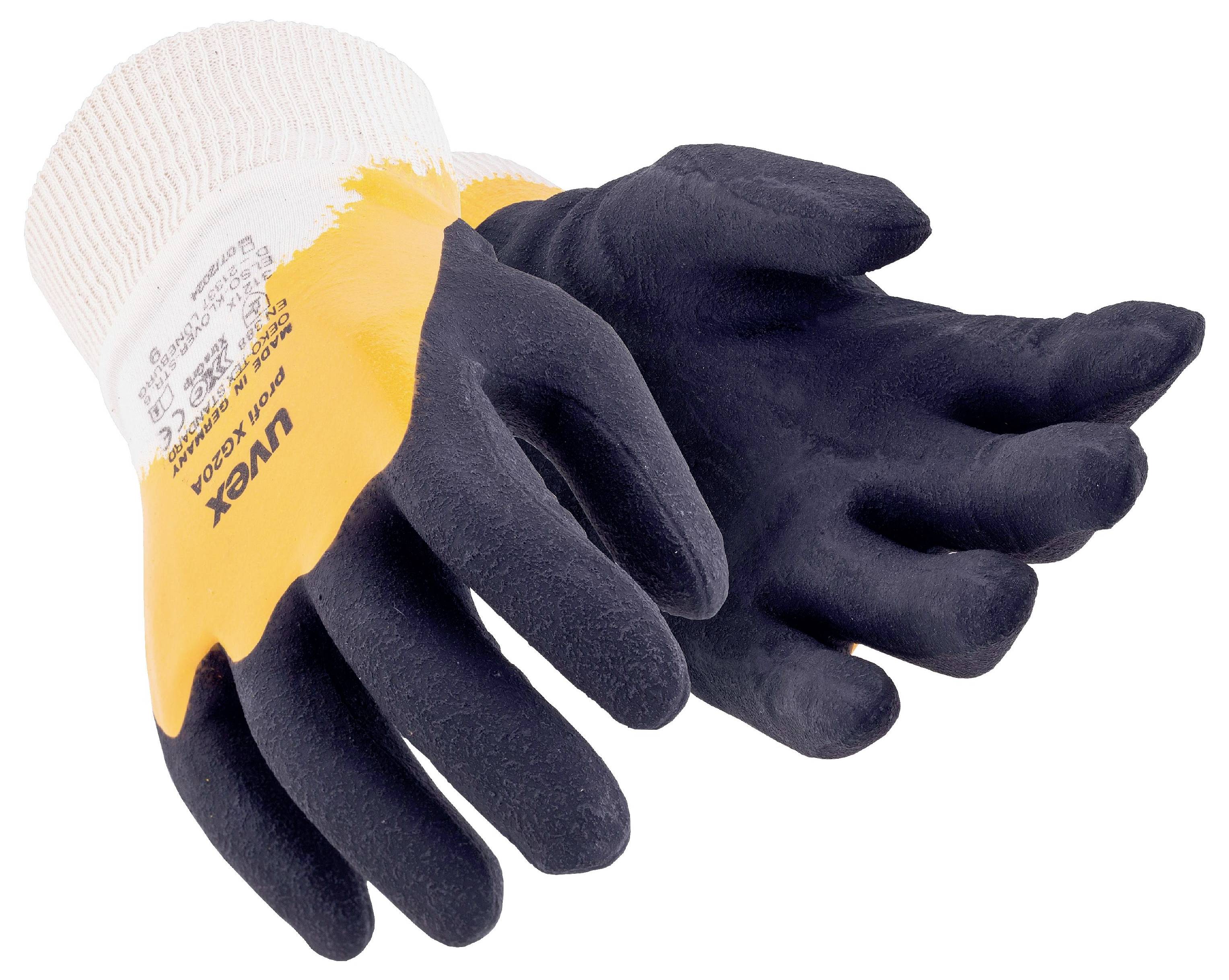 Ein Paar Arbeitshandschuhe mit schwarzen Gummihandflächen und orangefarbenen Rückseiten, entwickelt für industrielle Anwendungen, die vor einem weißen Hintergrund präsentiert werden.