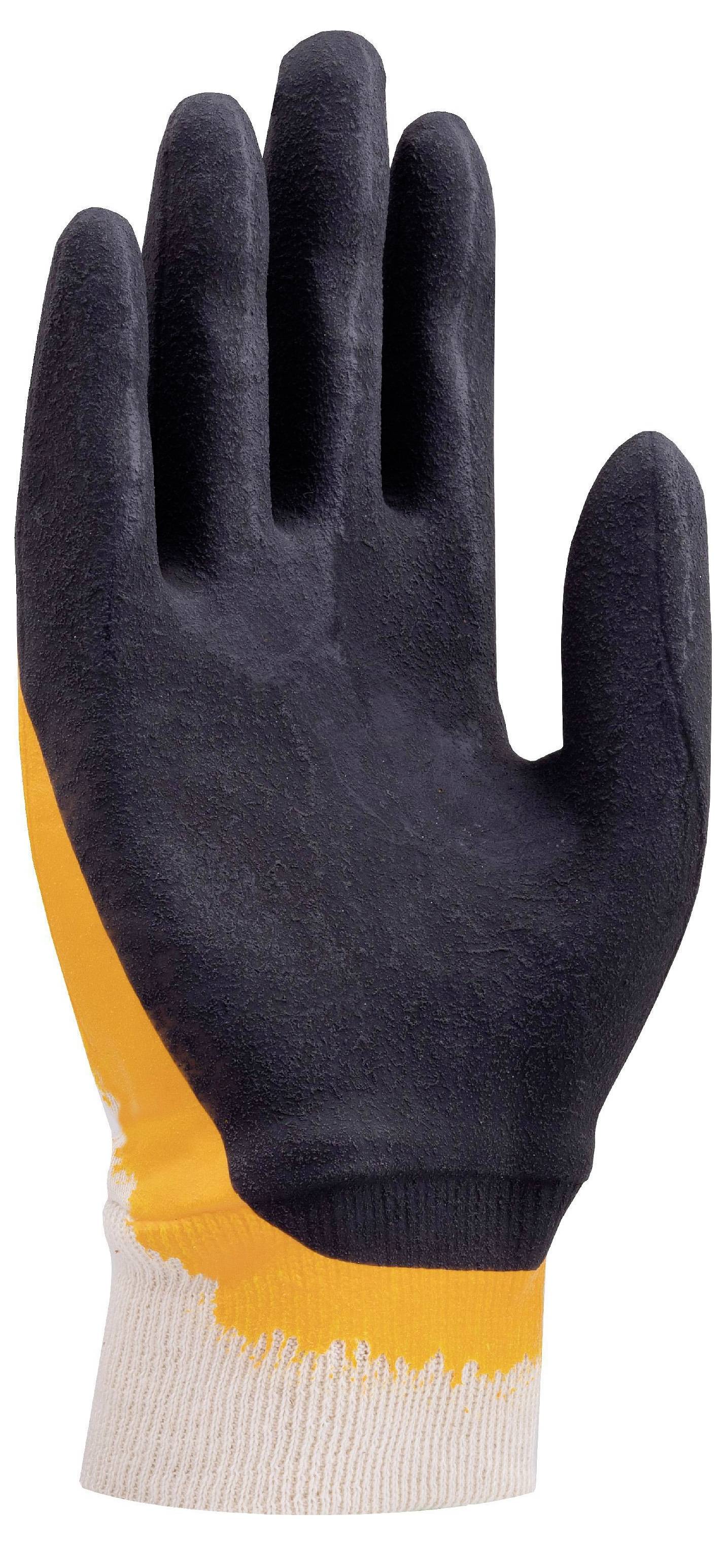 Ein einzelner schwarzer und orangefarbener Arbeitshandschuh mit weißem Bündchen, aufrecht stehend, die Handfläche nach vorne gerichtet.