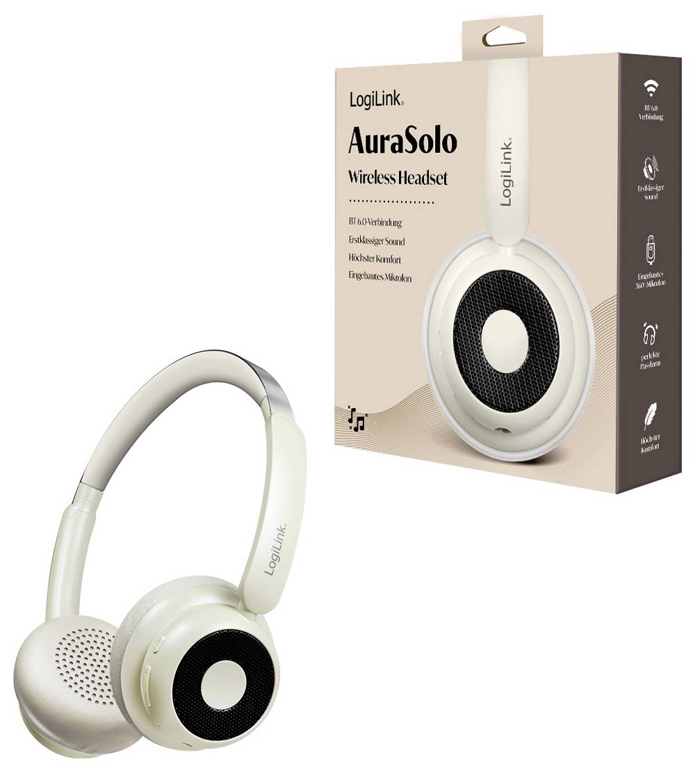 Weißer LogiLink AuraSolo drahtloser Kopfhörer neben seiner Verpackungsbox, die Funktionen wie ‚Lautstärke', ‚Hochwertiger Klang' und ‚Eingebautes Mikrofon' hervorhebt.
