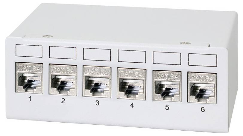 Netzwerk-Patchpanel mit sechs beschrifteten Ethernet-Ports, nummeriert von 1 bis 6, jeweils gekennzeichnet als CAT6.