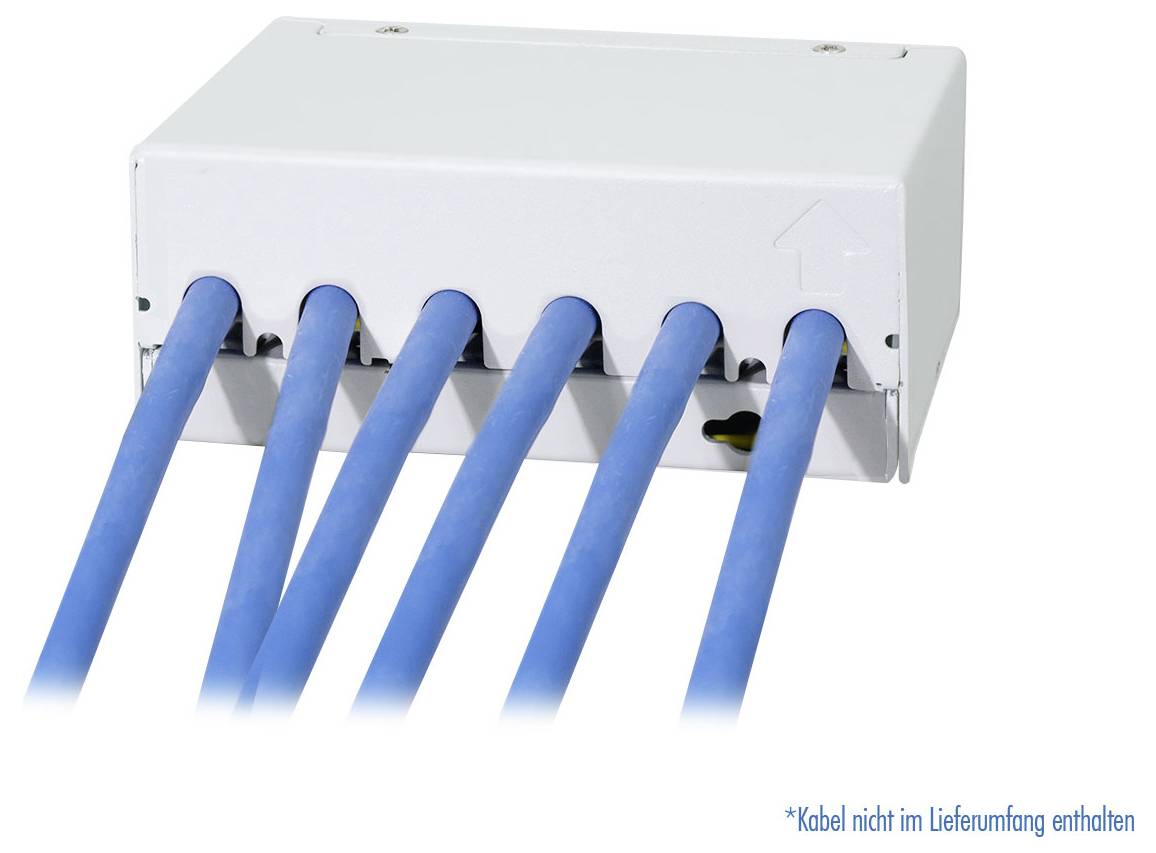Eine weiße Netzwerk-Verteilbox mit sechs blauen Kabeln angeschlossen. Eine kleine Notiz in Blau besagt '*Kabel nicht im Lieferumfang enthalten'.