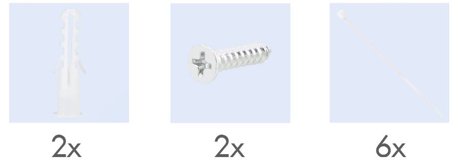 Bild zeigt drei Hardware-Artikel. Von links nach rechts: zwei Kunststoff-Wanddübel, zwei Metallschrauben mit sternförmigen Köpfen und sechs Kabelbinder.