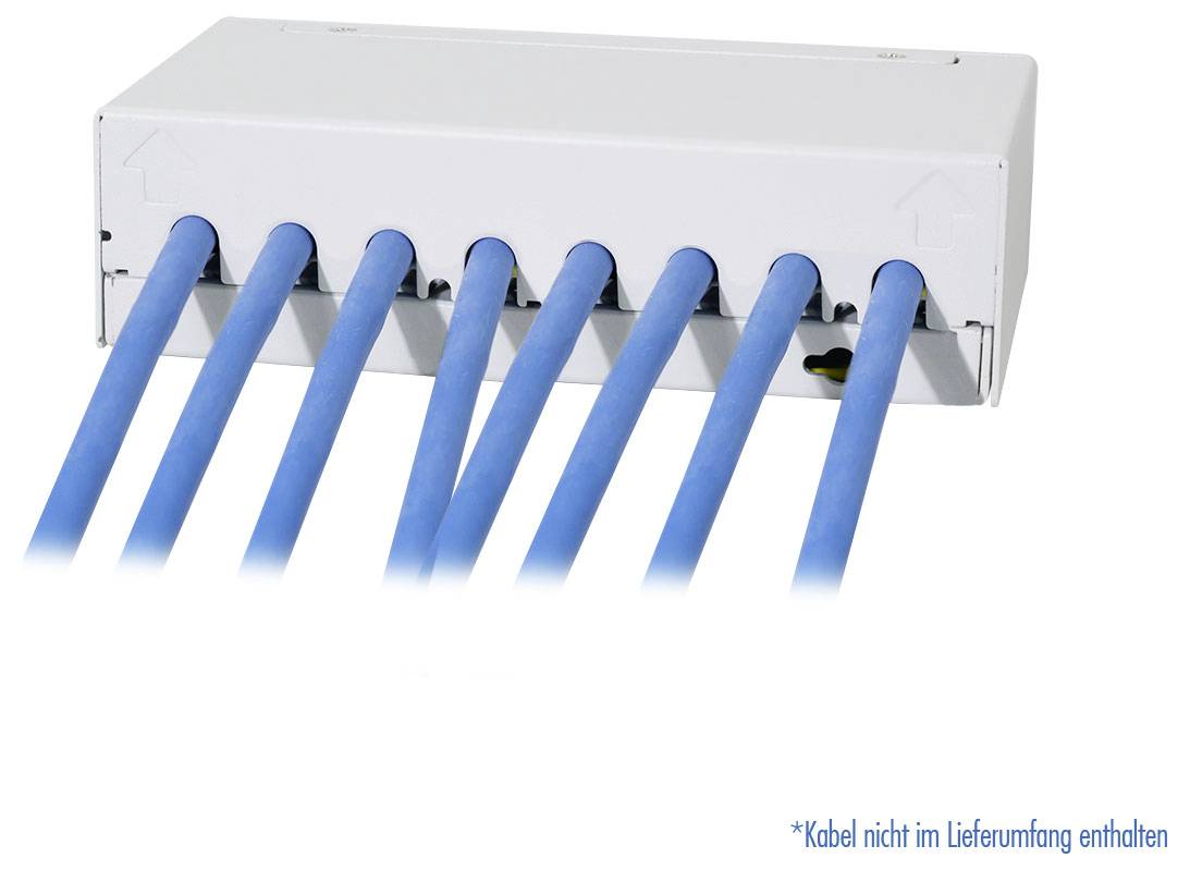 Eine weiße Kabelmanagement-Box, in die sieben blaue Kabel eingesetzt sind. Text am unteren Rand besagt: Kabel nicht im Lieferumfang enthalten.